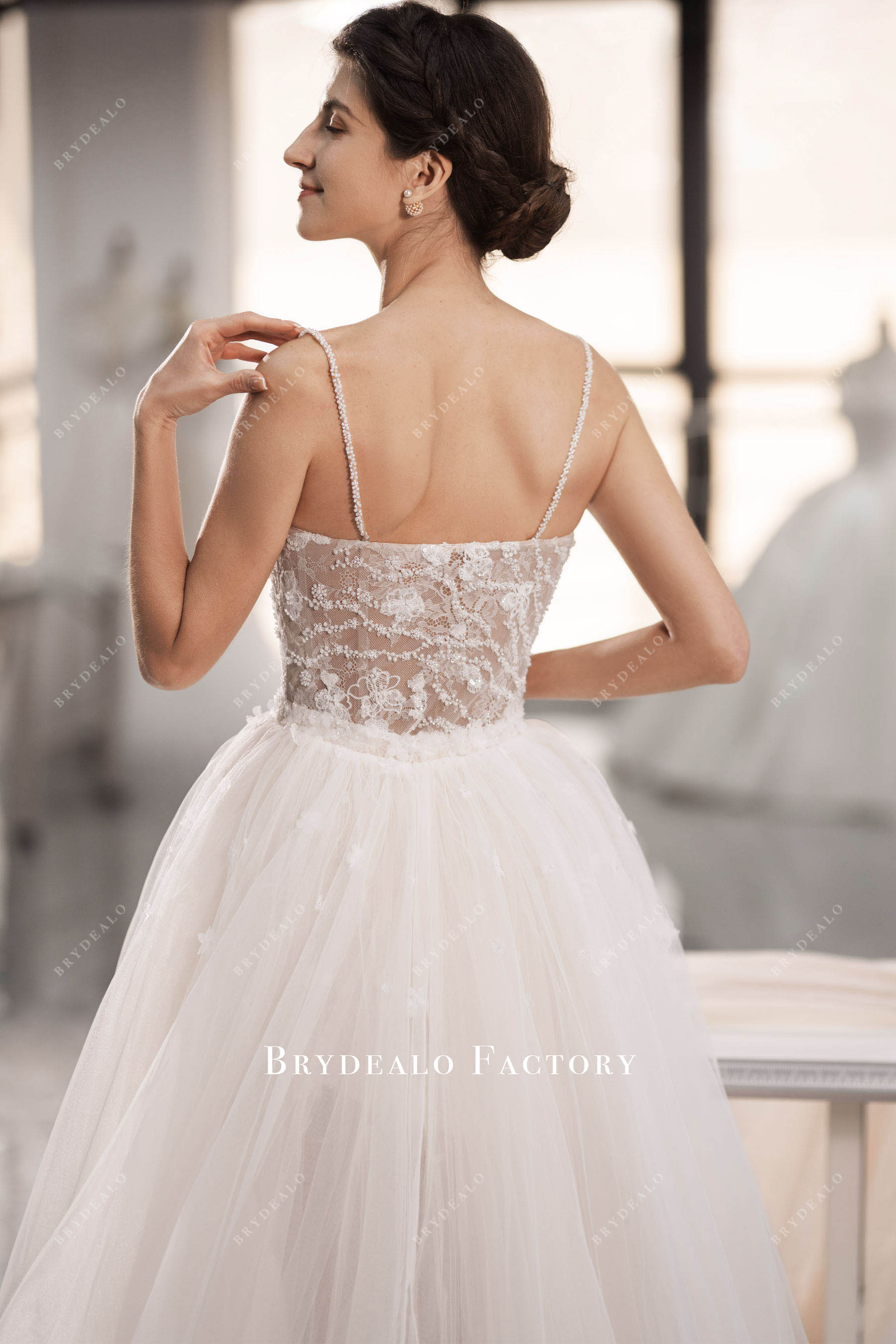 hand sew beaded thin straps corset bridal gown