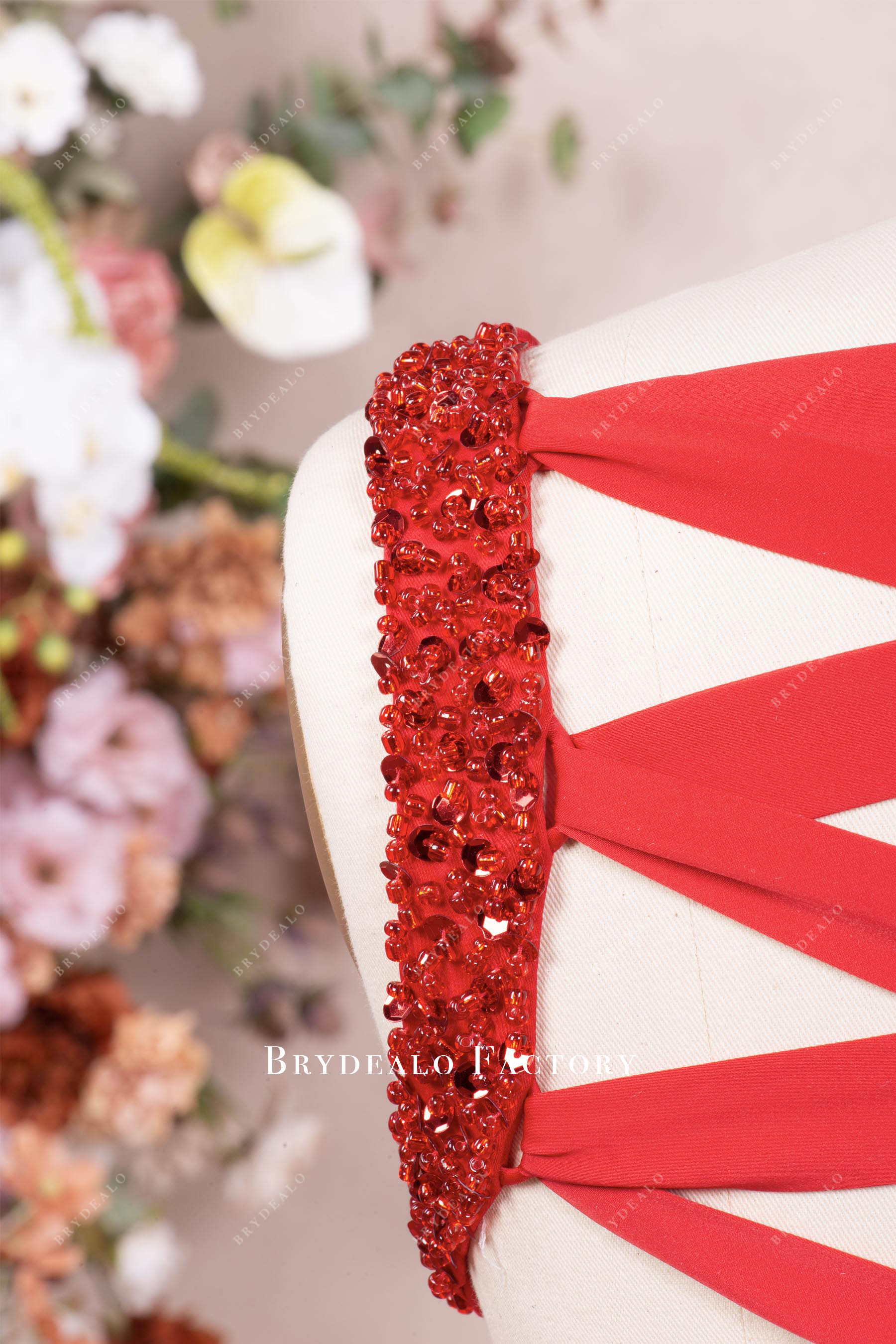 red hand-sewn beading straps red prom dress