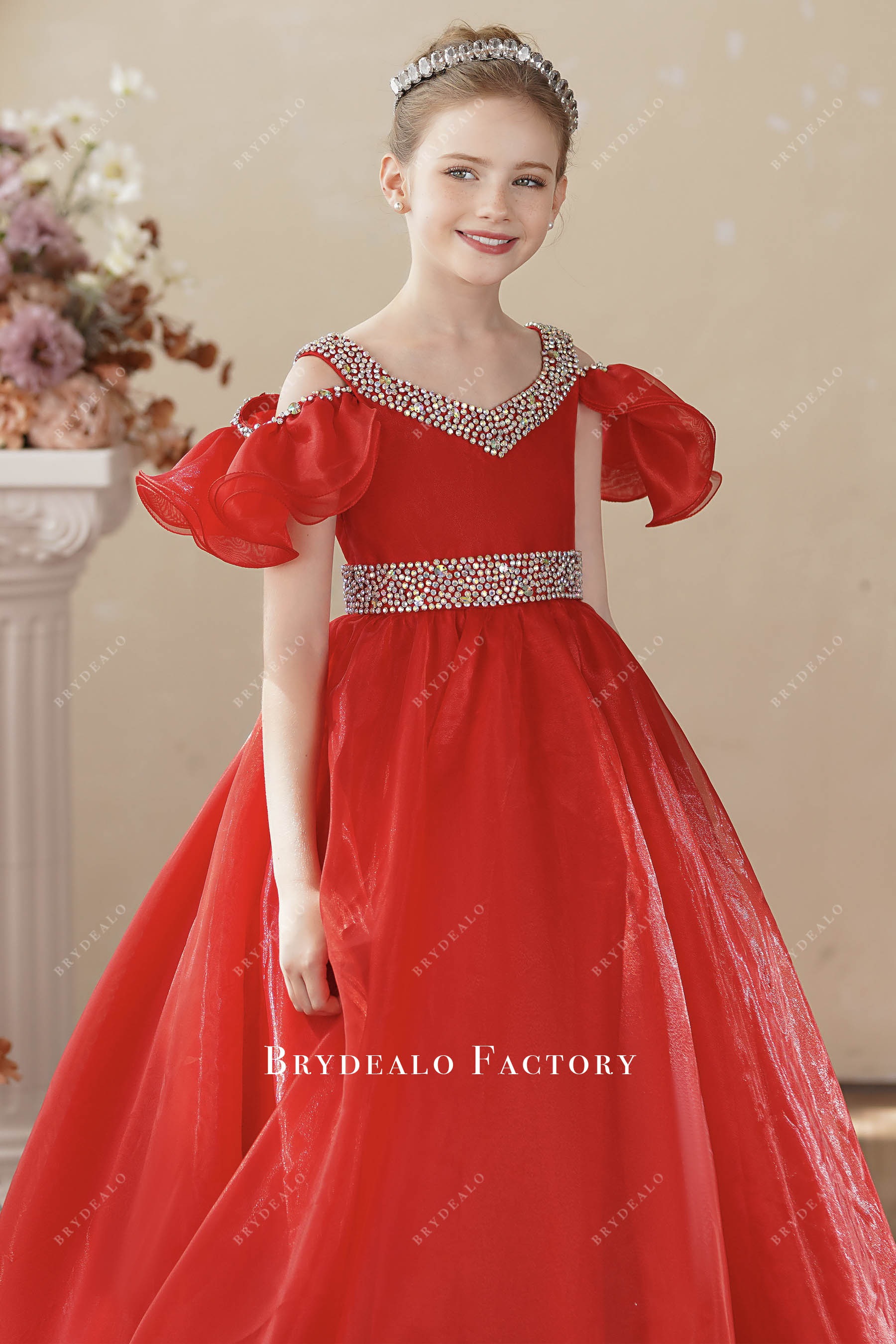 rhinestone off shoulder red junior pageant dress