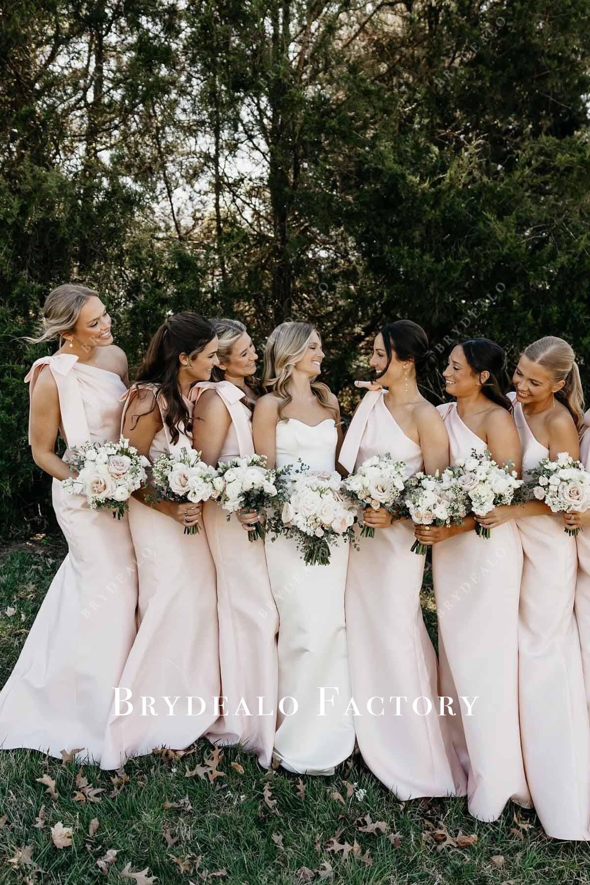 strapless open back dress One Shoulder Pink Organza Long Custom A-line Bridesmaid Dresses, MRB01 –  MarryLover main image 0