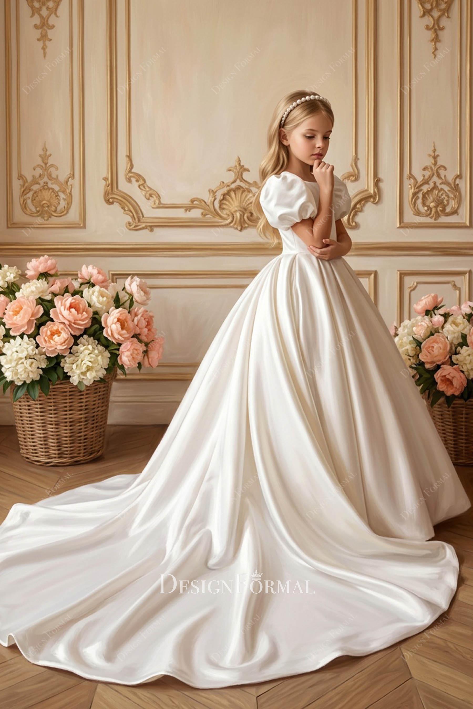 high end long satin first communion dress