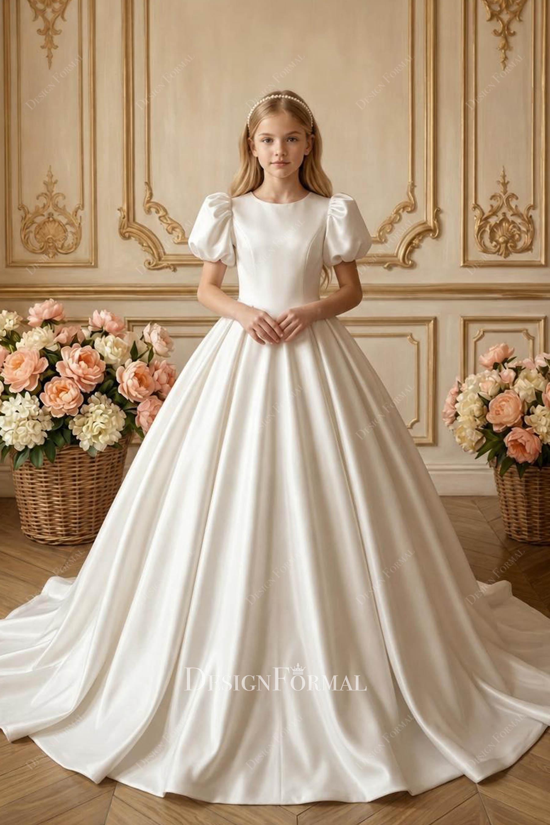 high end white satin first communion dress