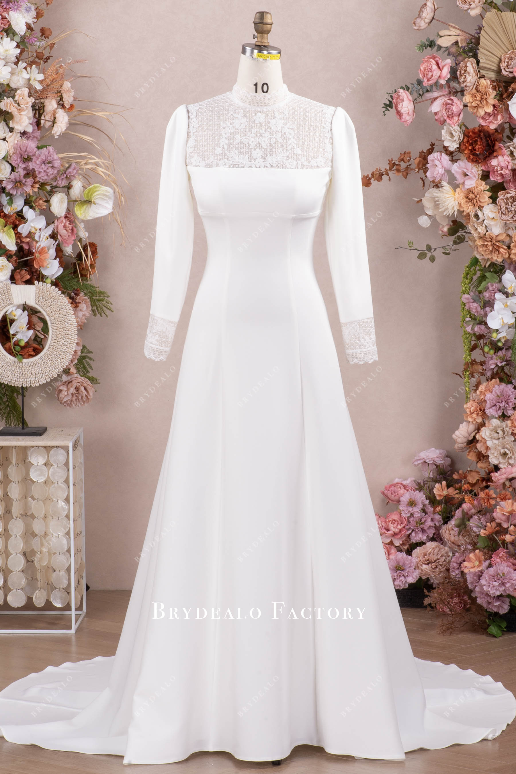 Delicate Lace High Neck Long Sleeves A-Line Wedding Dress