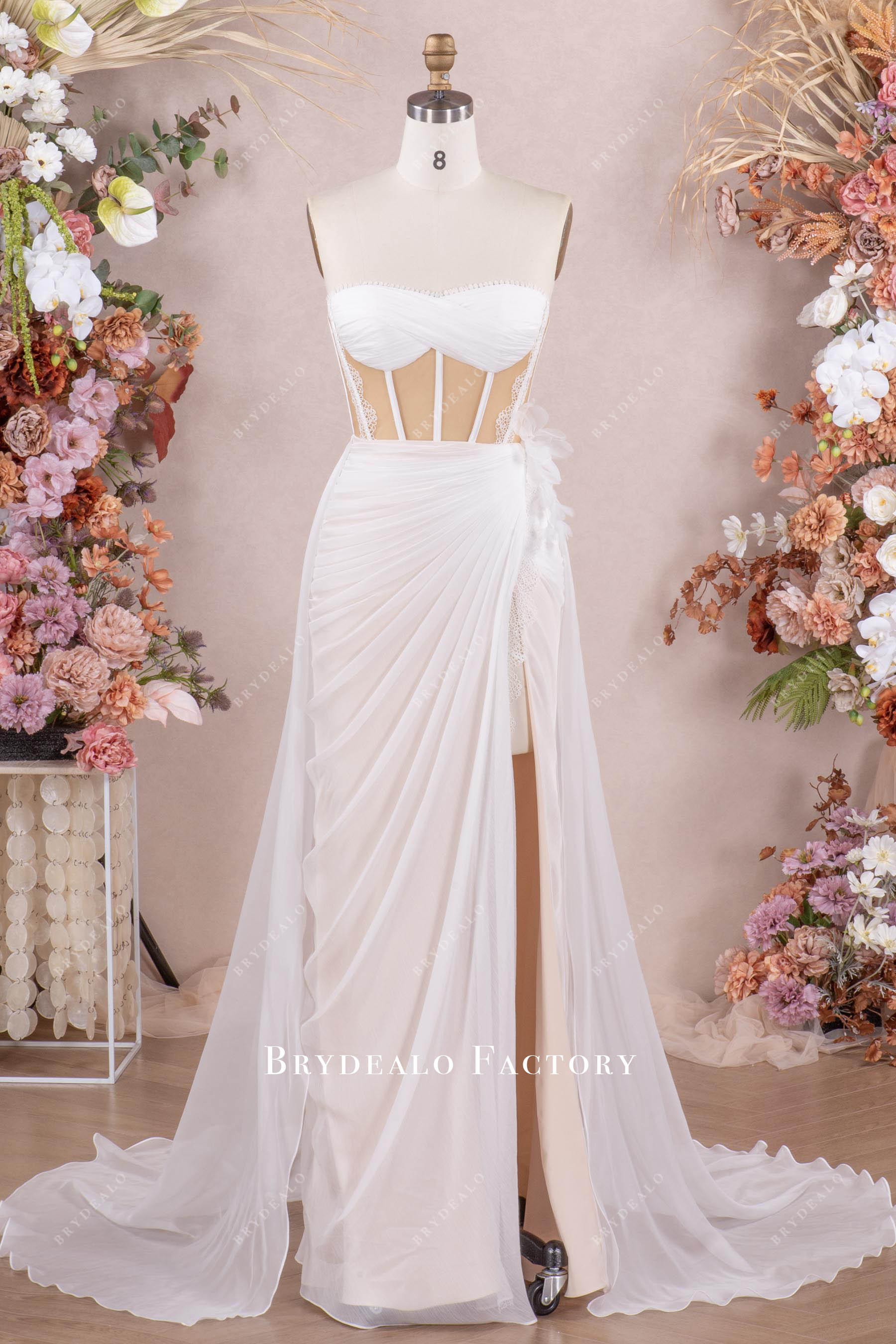 Strapless Illusion Corset Slit Chiffon 2 In 1 Beach Wedding Dress