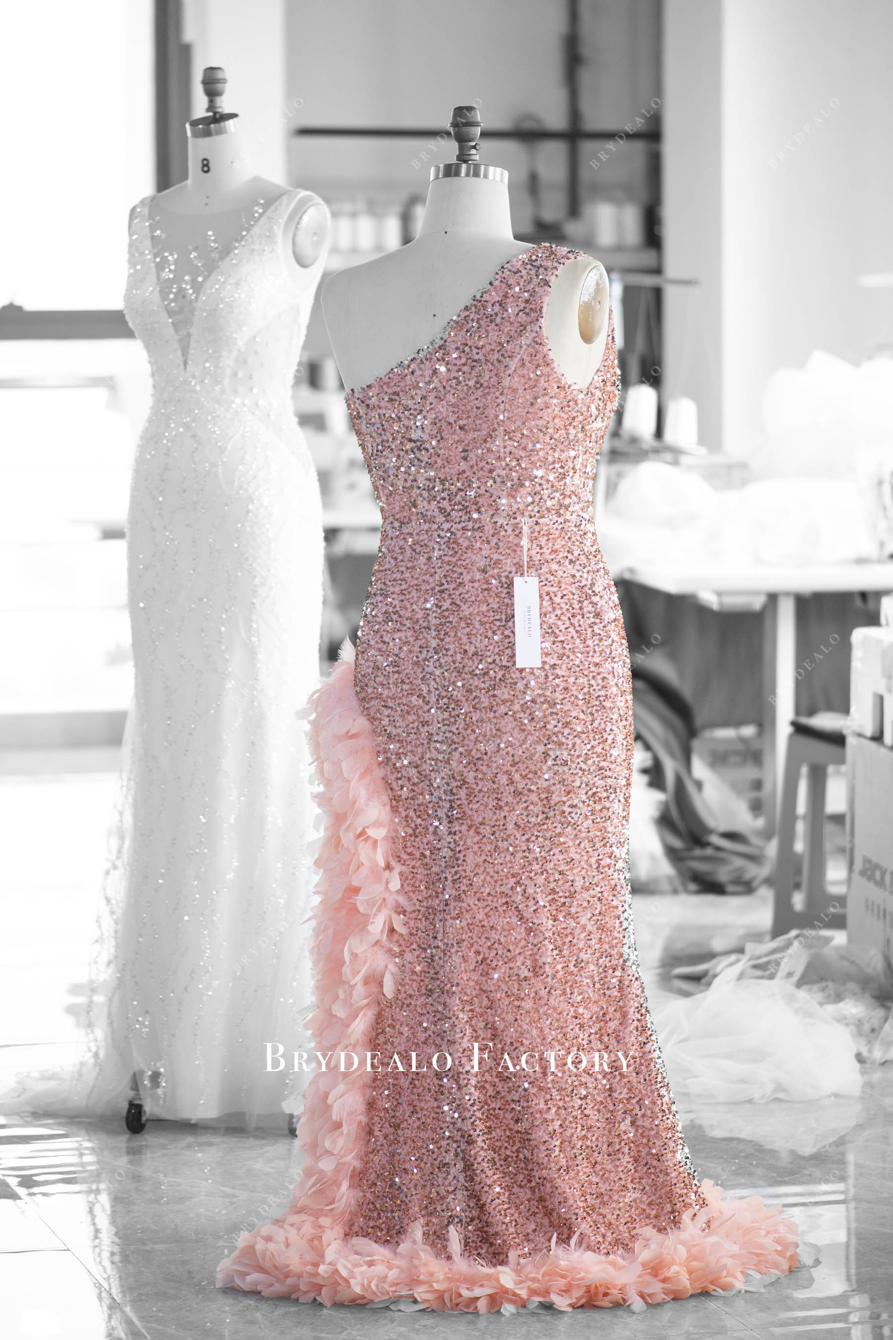 high slit sequin feather prom gown