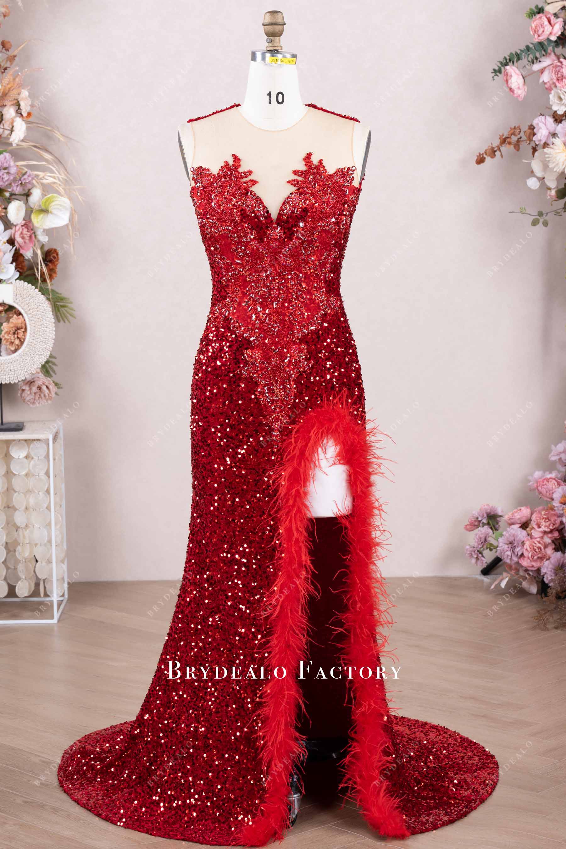high slit sparkly rhinestone feather prom gown