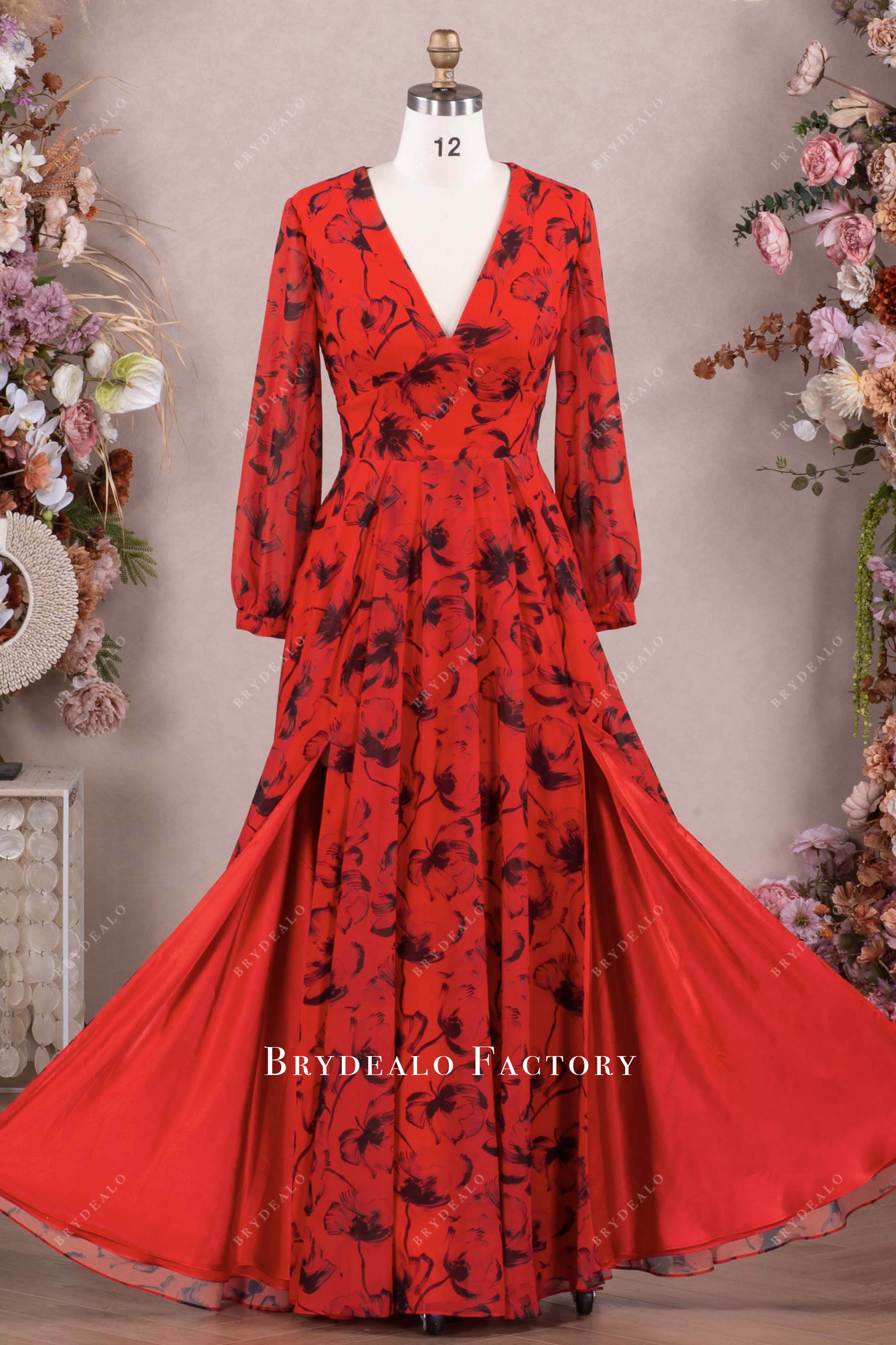 high slits V-neck semi-formal gown