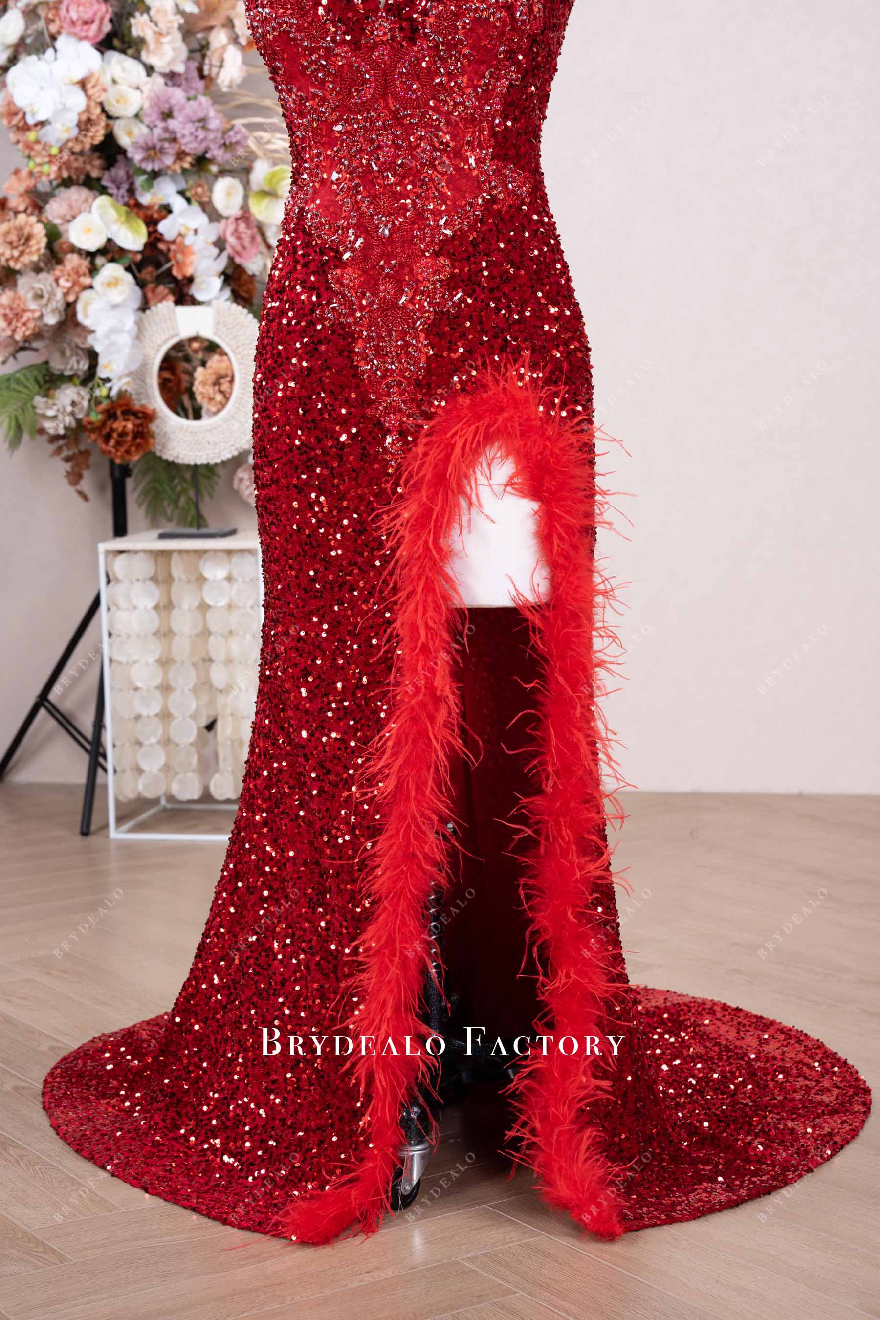 hight feather slit prom gown