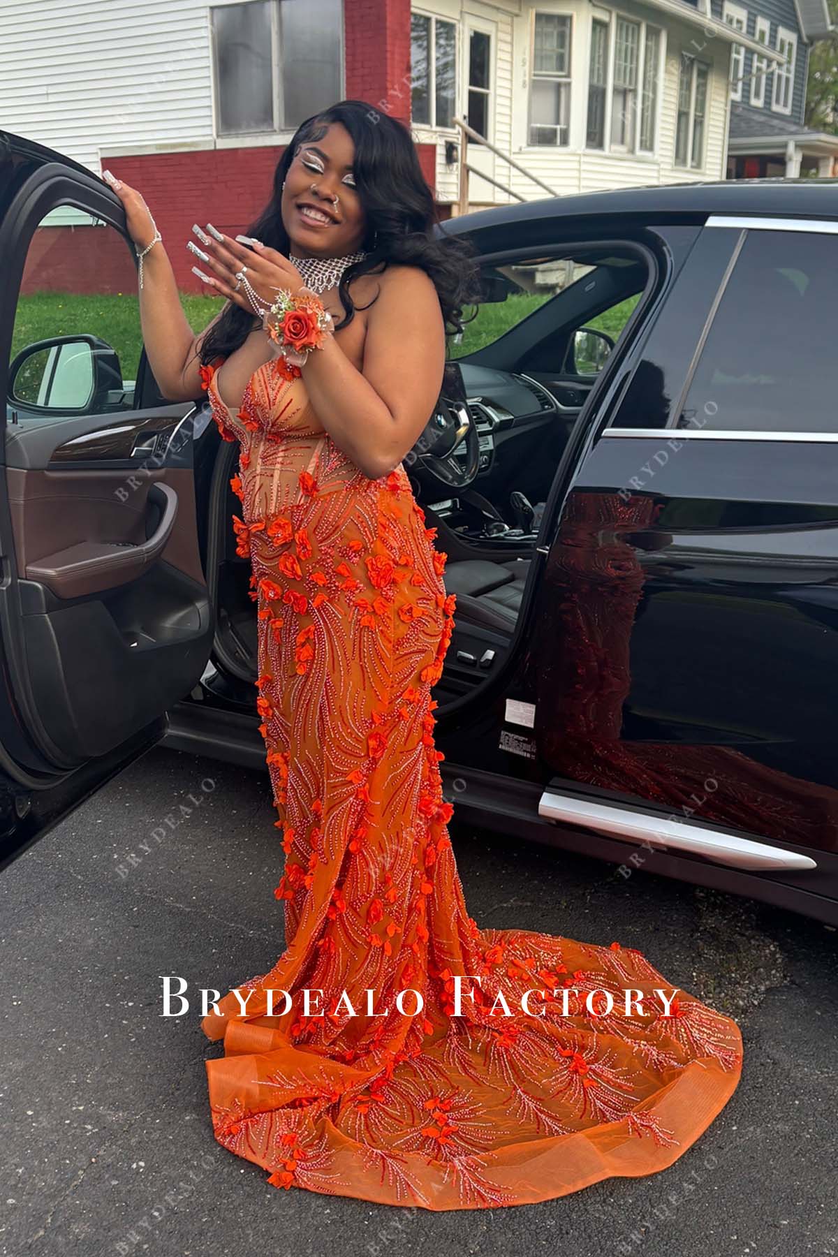 horsehair chapel train 3D floral prom dress