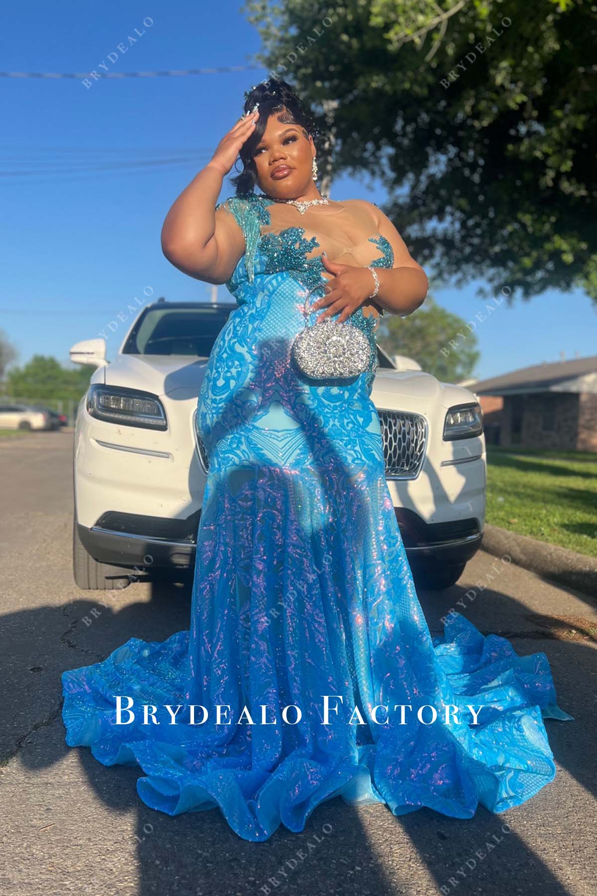 horsehair chapel train blue sequin mermaid prom dress