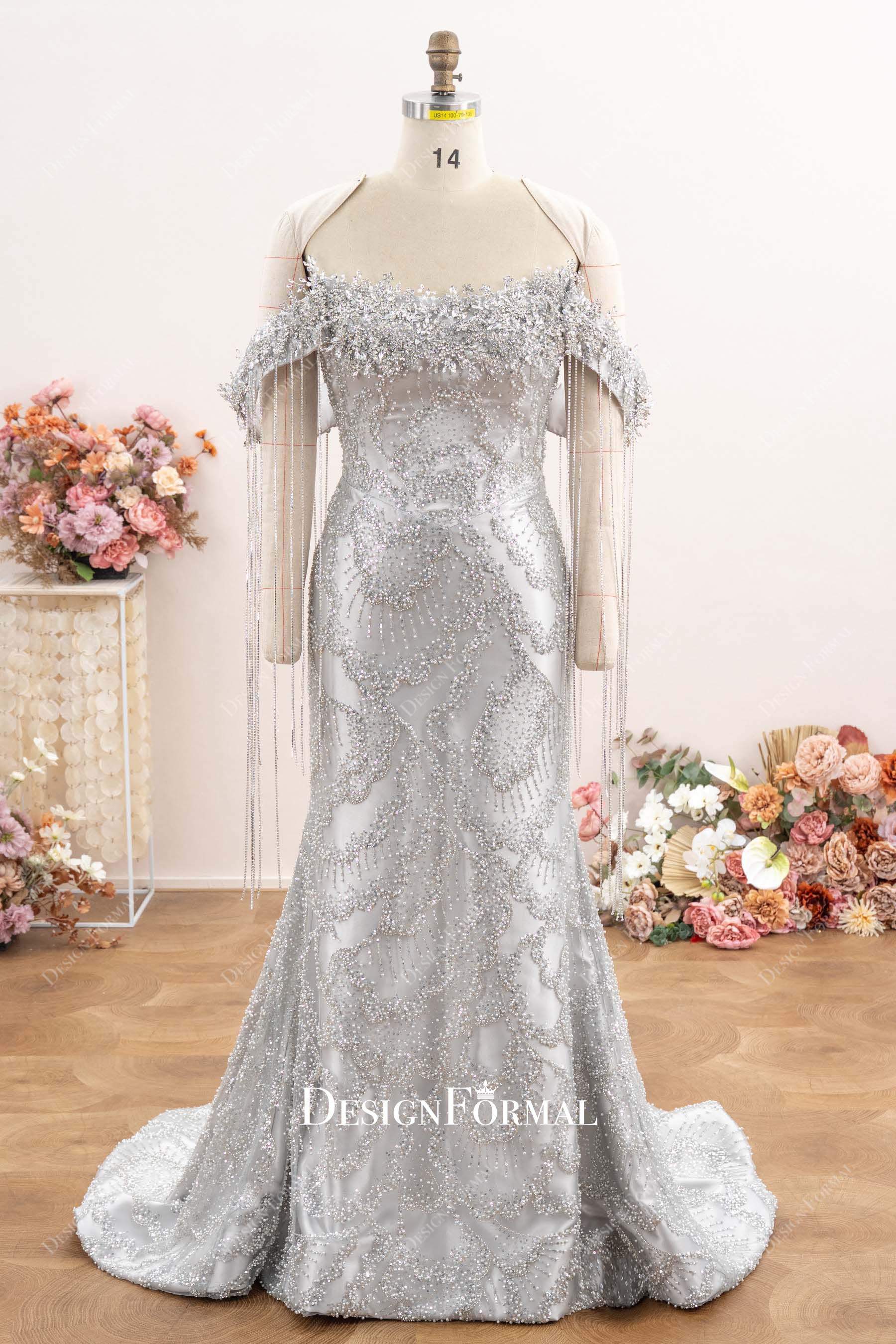 horsehair chapel train tassel off shoulder prom dress