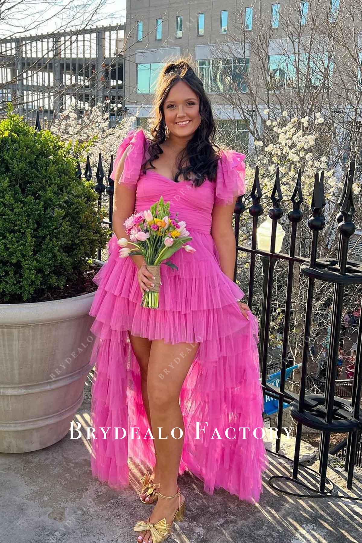 Hot Pink V-Neck Layered High To Low Prom Dress Hot Pink V-Neck Layered High To Low Prom Dress