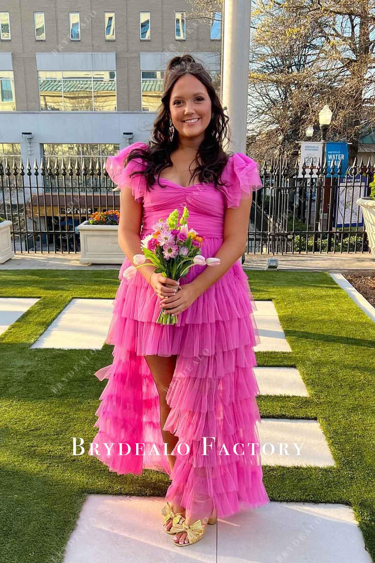 hot pink layered a line prom dress