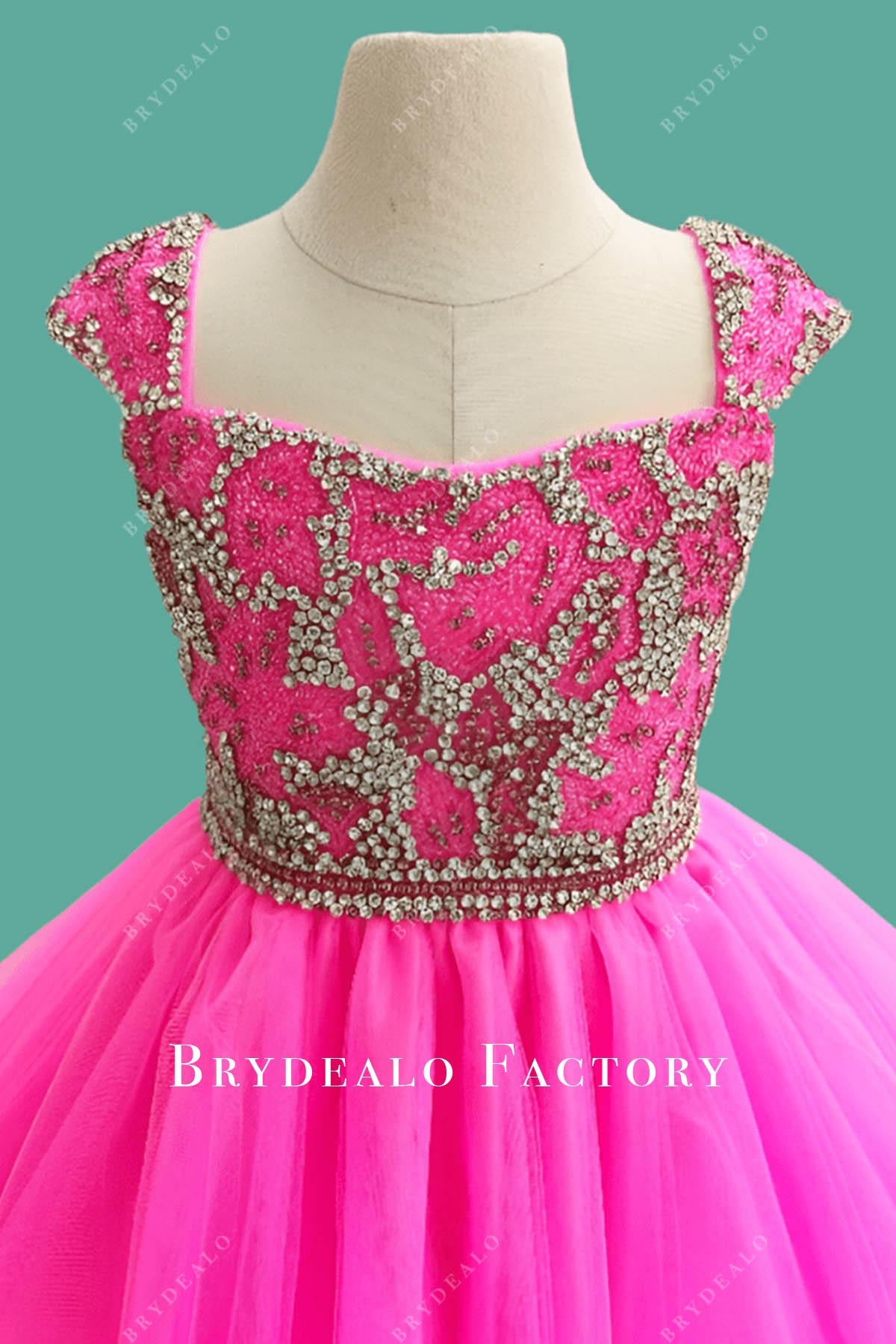 hot pink queen anne neckline pageant dress