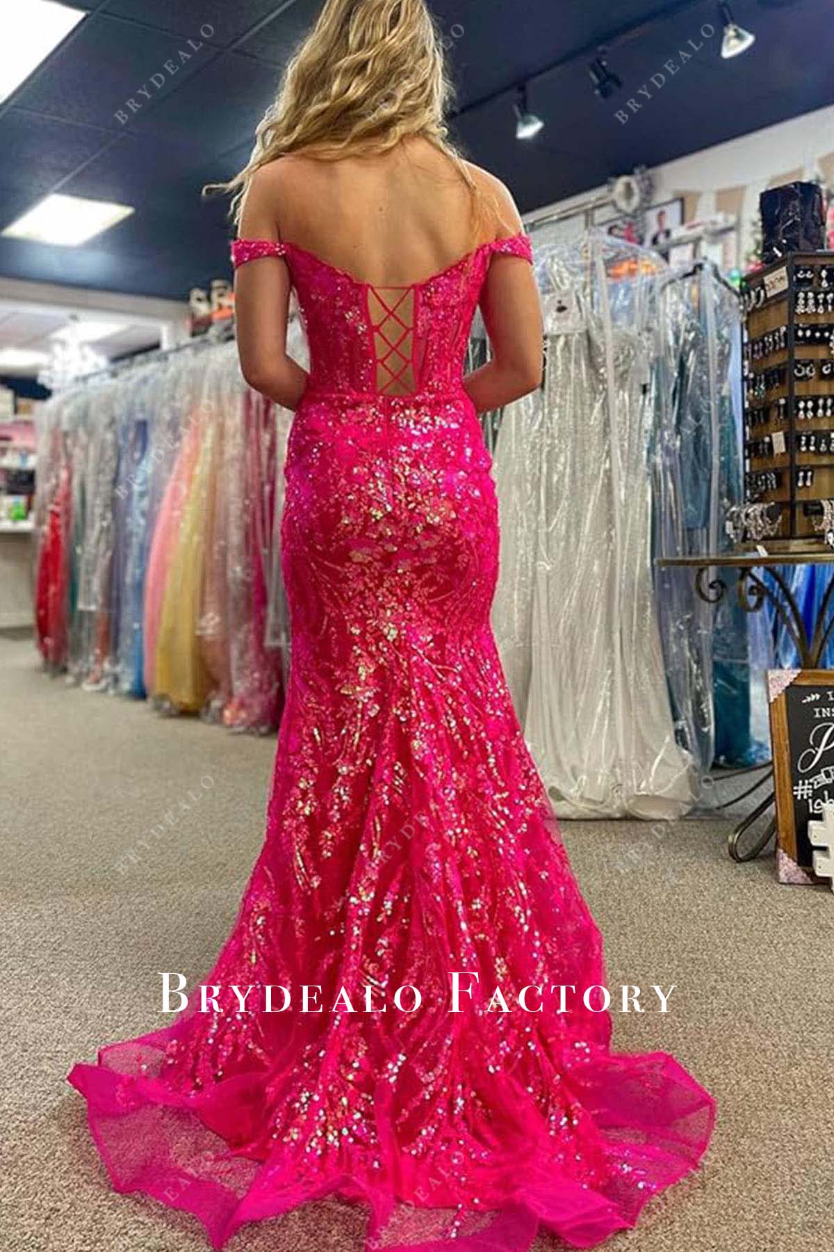 hot pink sequined lace up back mermaid homecoming dress