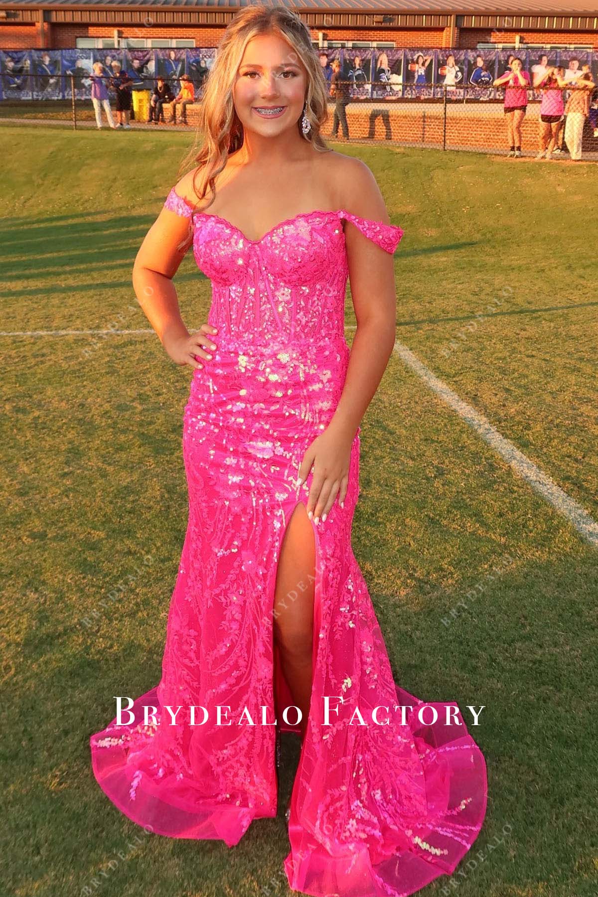 hot pink sequined off shoulder mermaid homecoming dress