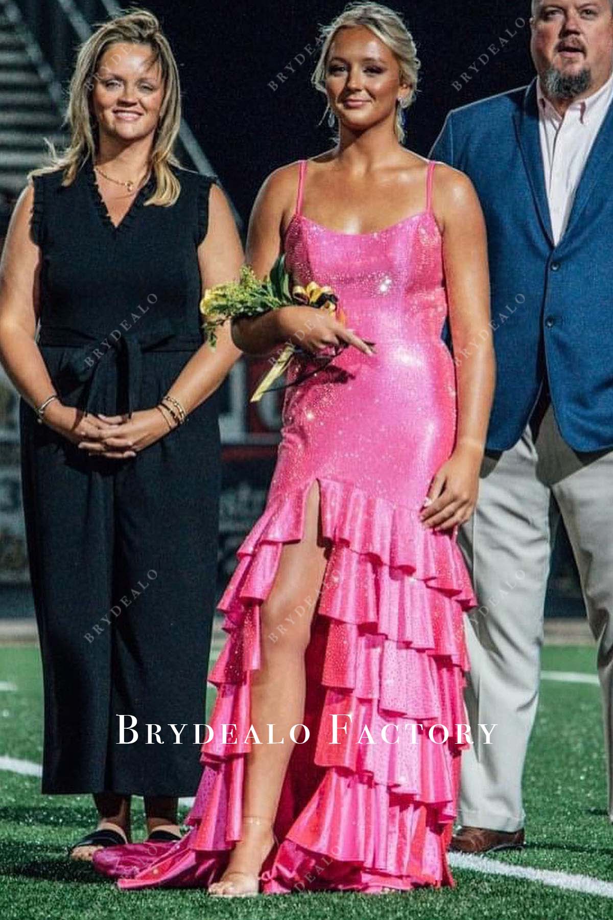 Sparkly Hot Pink Layered Slit Homecoming Prom Dress