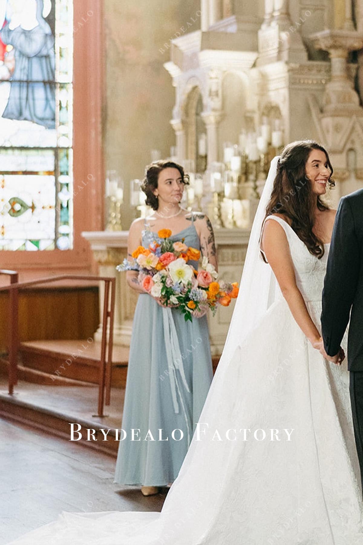 ice blue a line bridesmaid dress