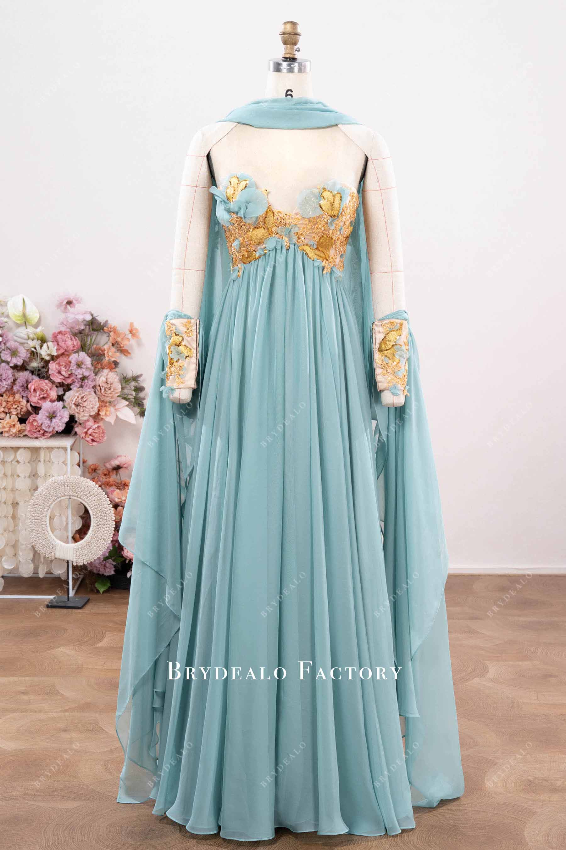 Ice Blue Chiffon Strapless Gold Lace Sweetheart Neck Shawl Prom Gown