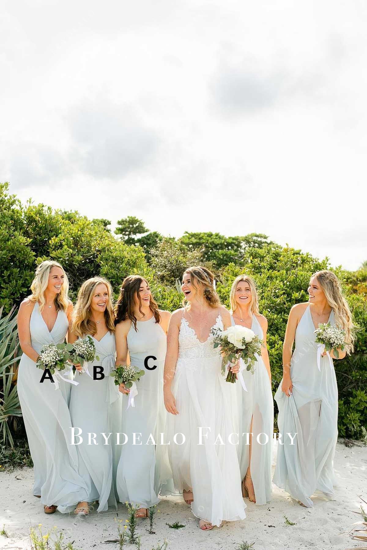 ice blue chiffon sleeveless mismatched bridesmaid dresses