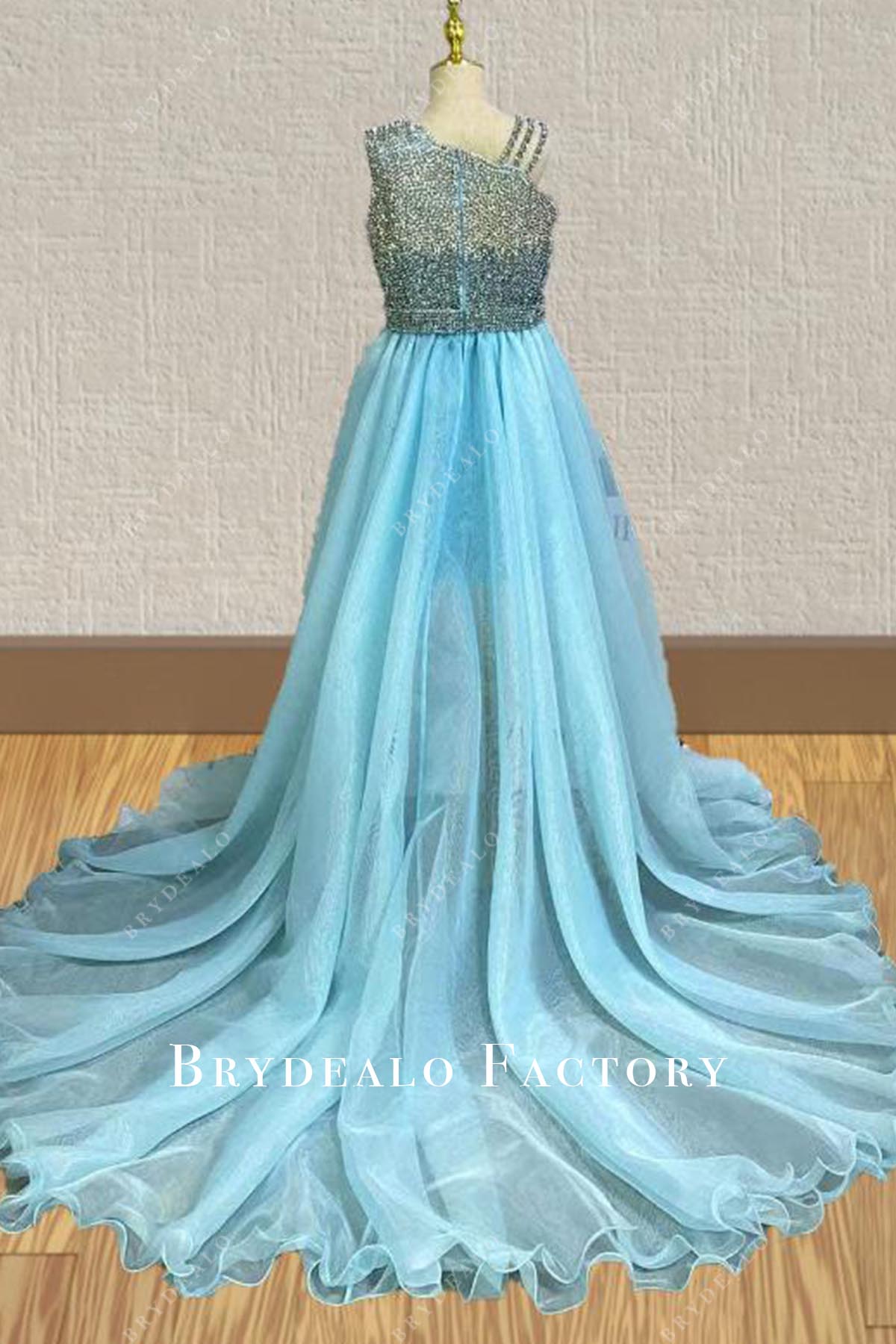 ice blue court train pageant dress