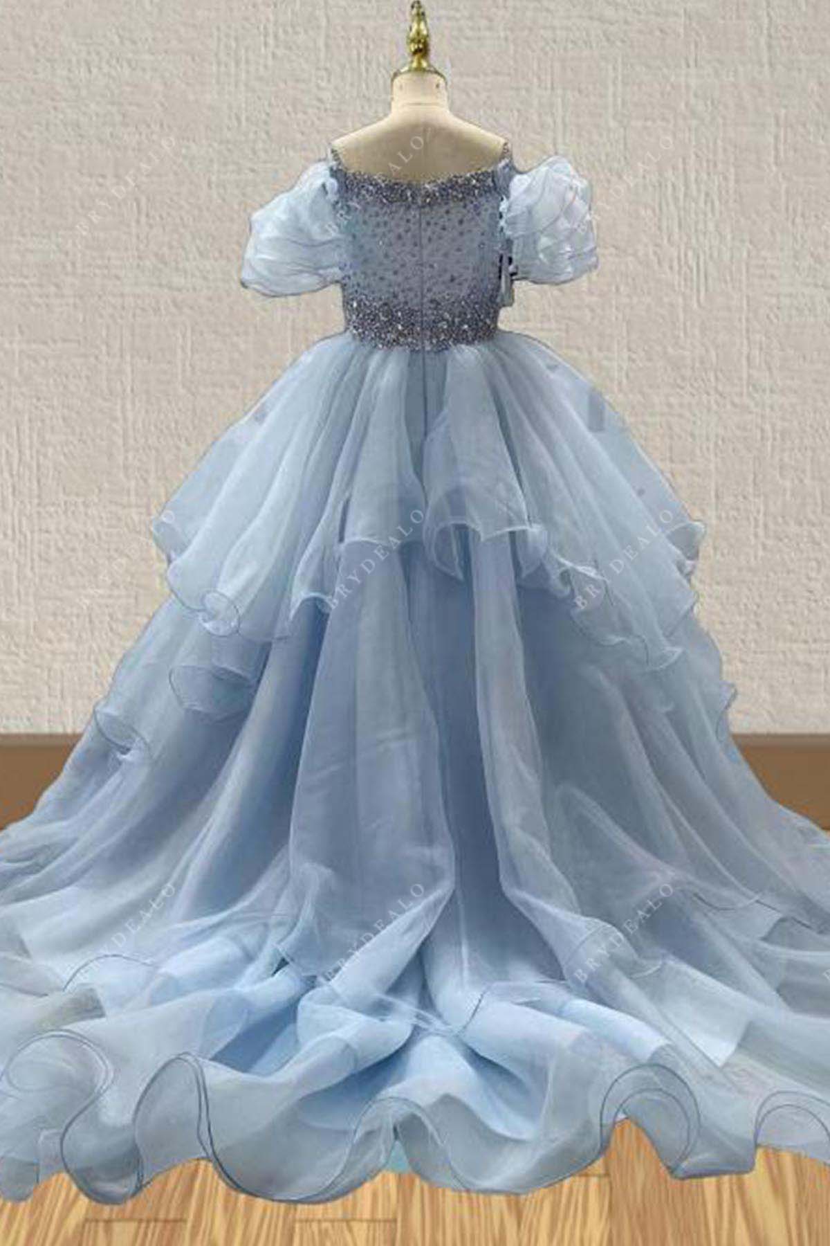 ice blue court train pageant dress