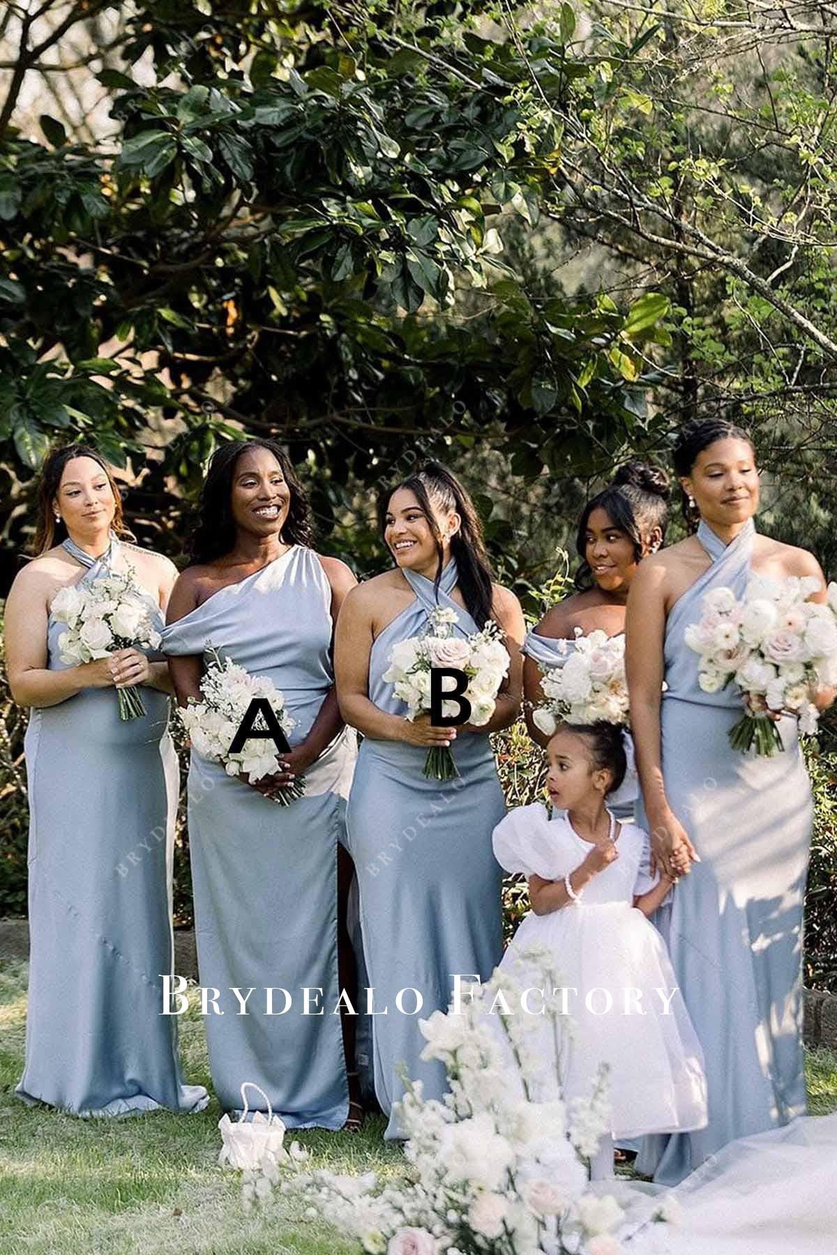 ice blue long mismatched bridesmaid dresses