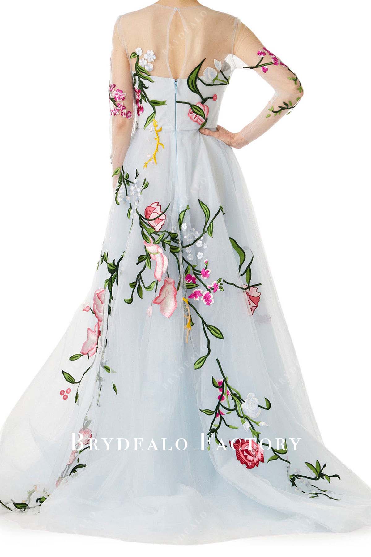 ice blue sheer back a line prom dress