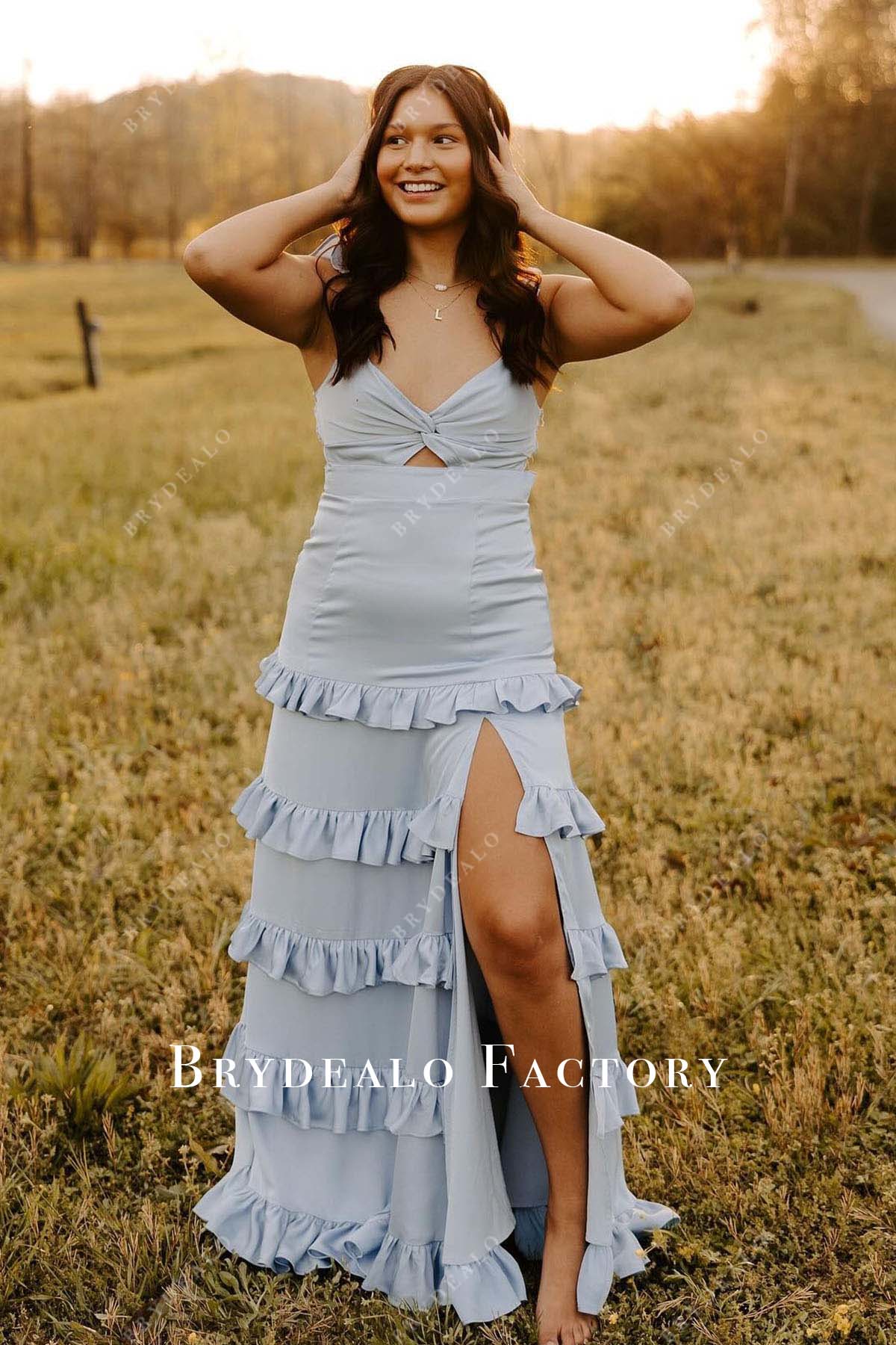 Ice Blue V-Neck Slit Tiered Floor Length Prom Dress Ice Blue V-Neck Slit Tiered Floor Length Prom Dress