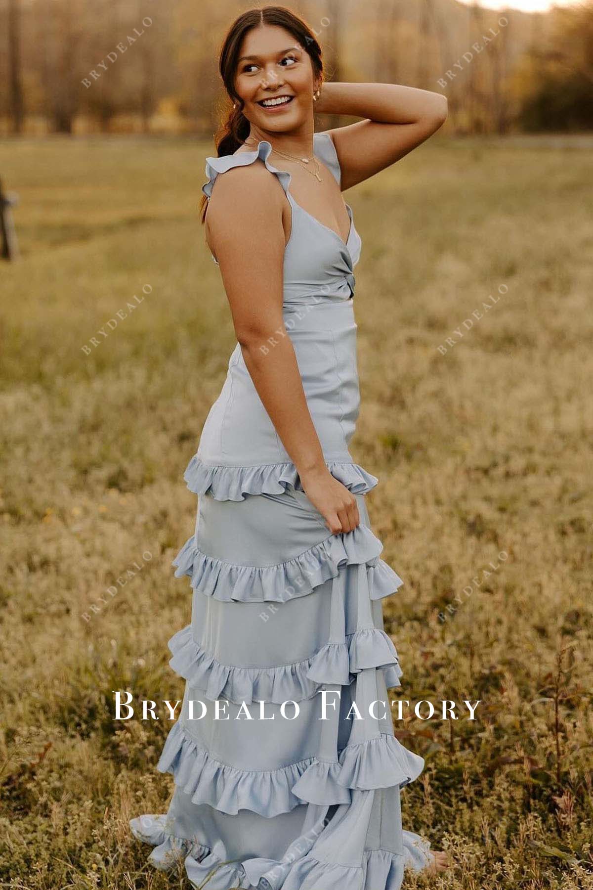 Ice Blue V-Neck Slit Tiered Floor Length Prom Dress