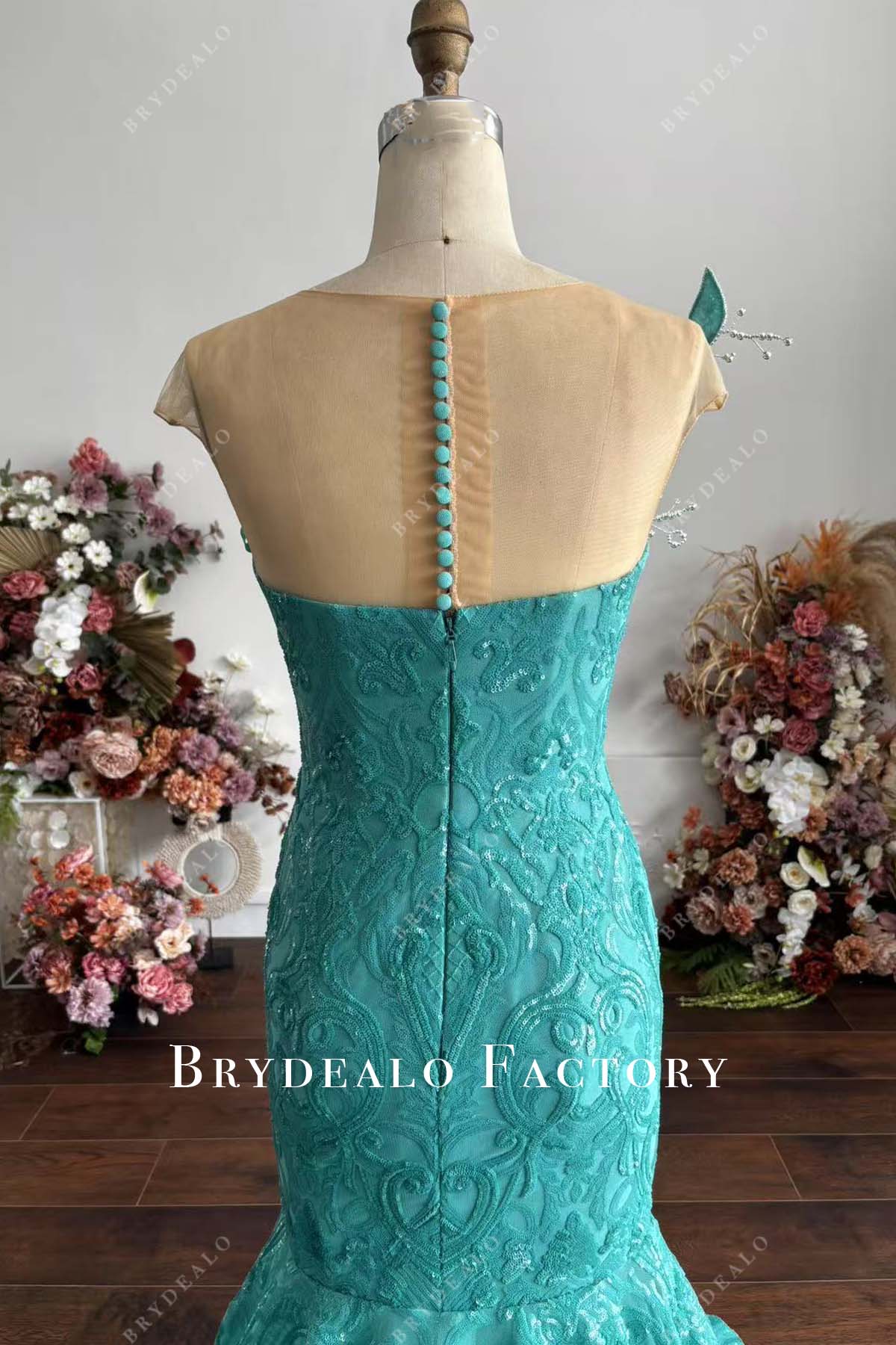 Cyan Embroidery Sequin Illusion Neck 3D Petals Prom Dress