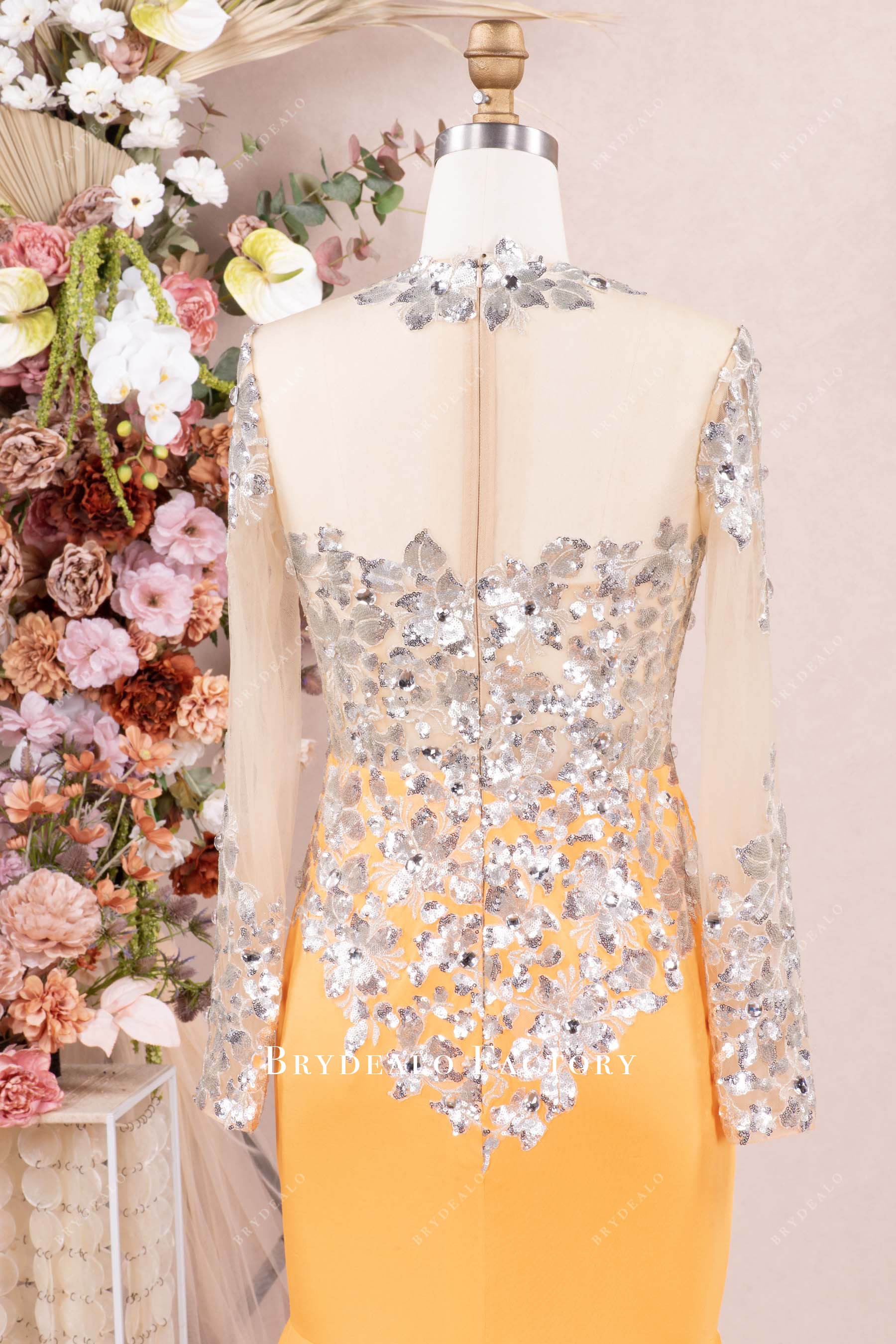 illusion back long sleeves prom dress