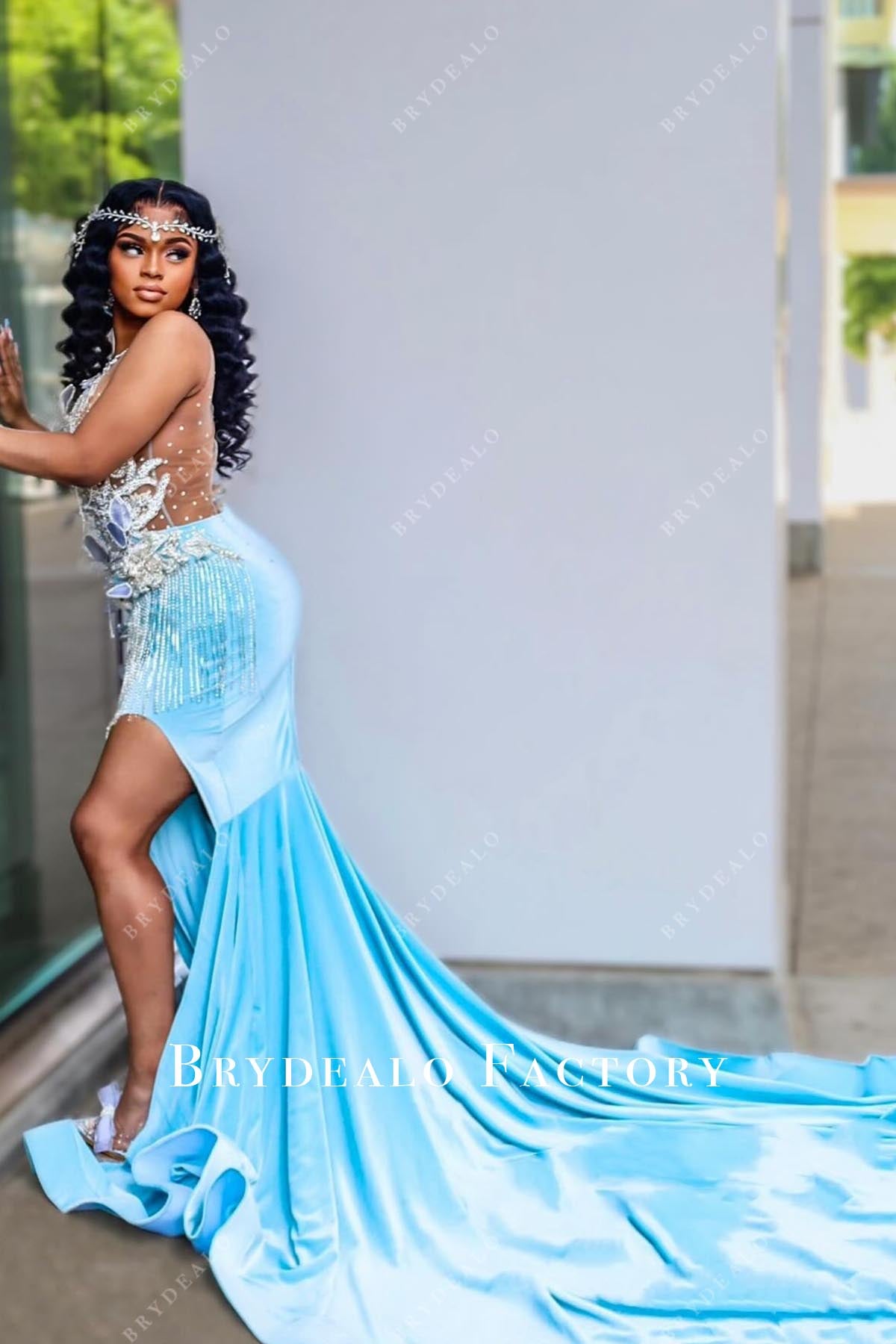 illusion back split prom dress