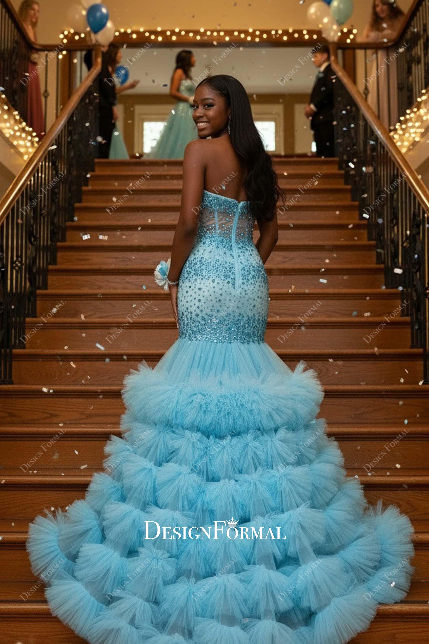 illusion back tiered ruffles trumpet prom dress