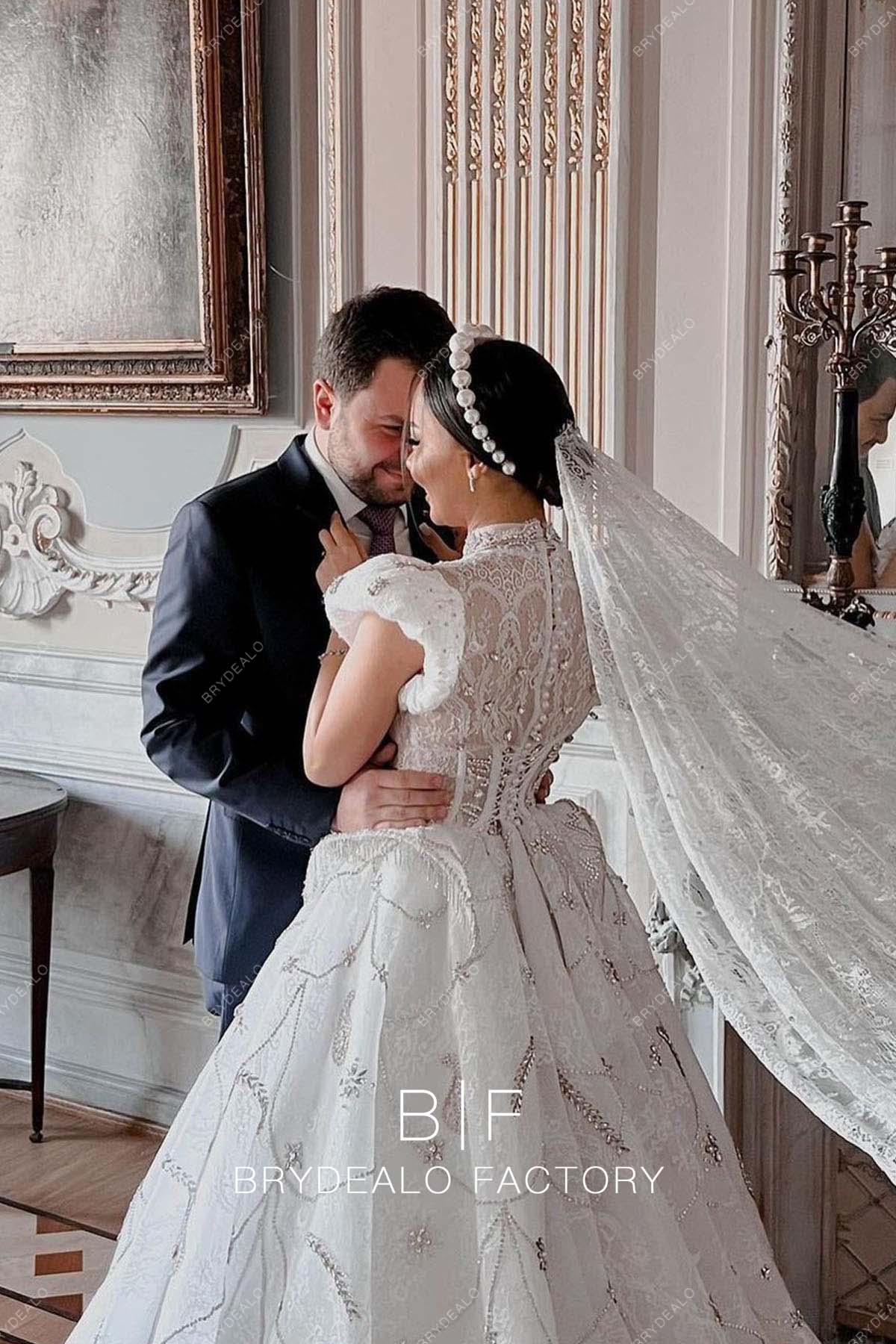 knee length dresses for ladies Retro Mock Neck Rhinestones Designer Lace Ball Gown Wedding Dress
