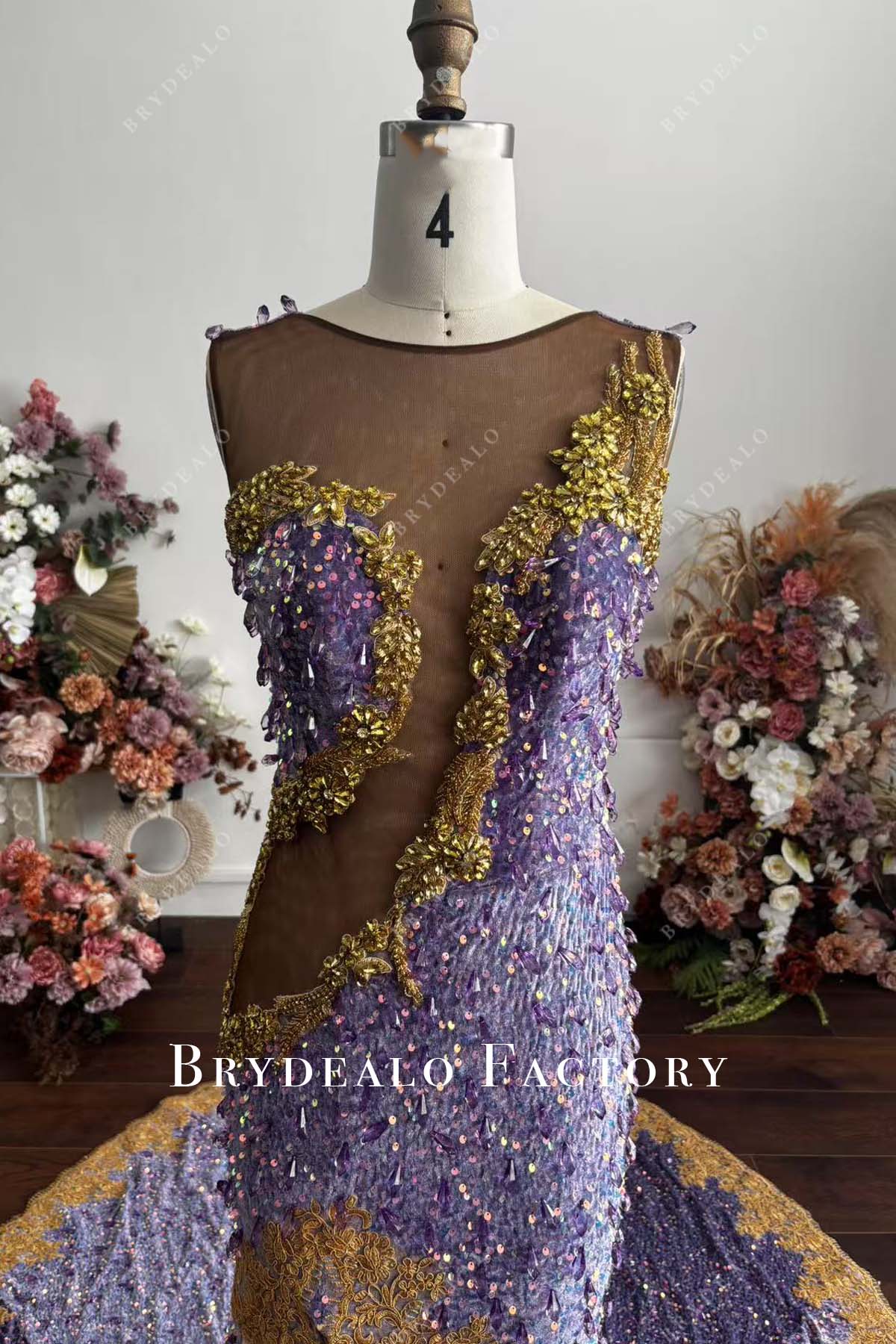 illusion bateau neck light purple prom dress