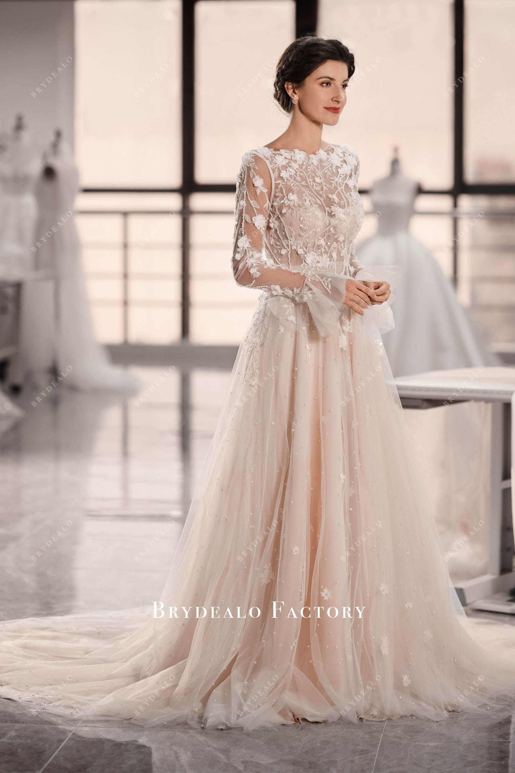 sheer bell sleeves elegant fairy wedding gown