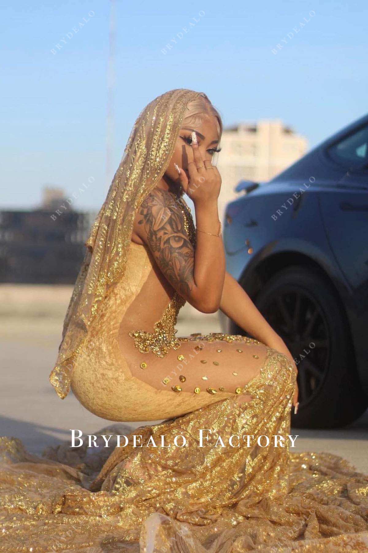 illusion bodice gold sequined trumpet prom dress