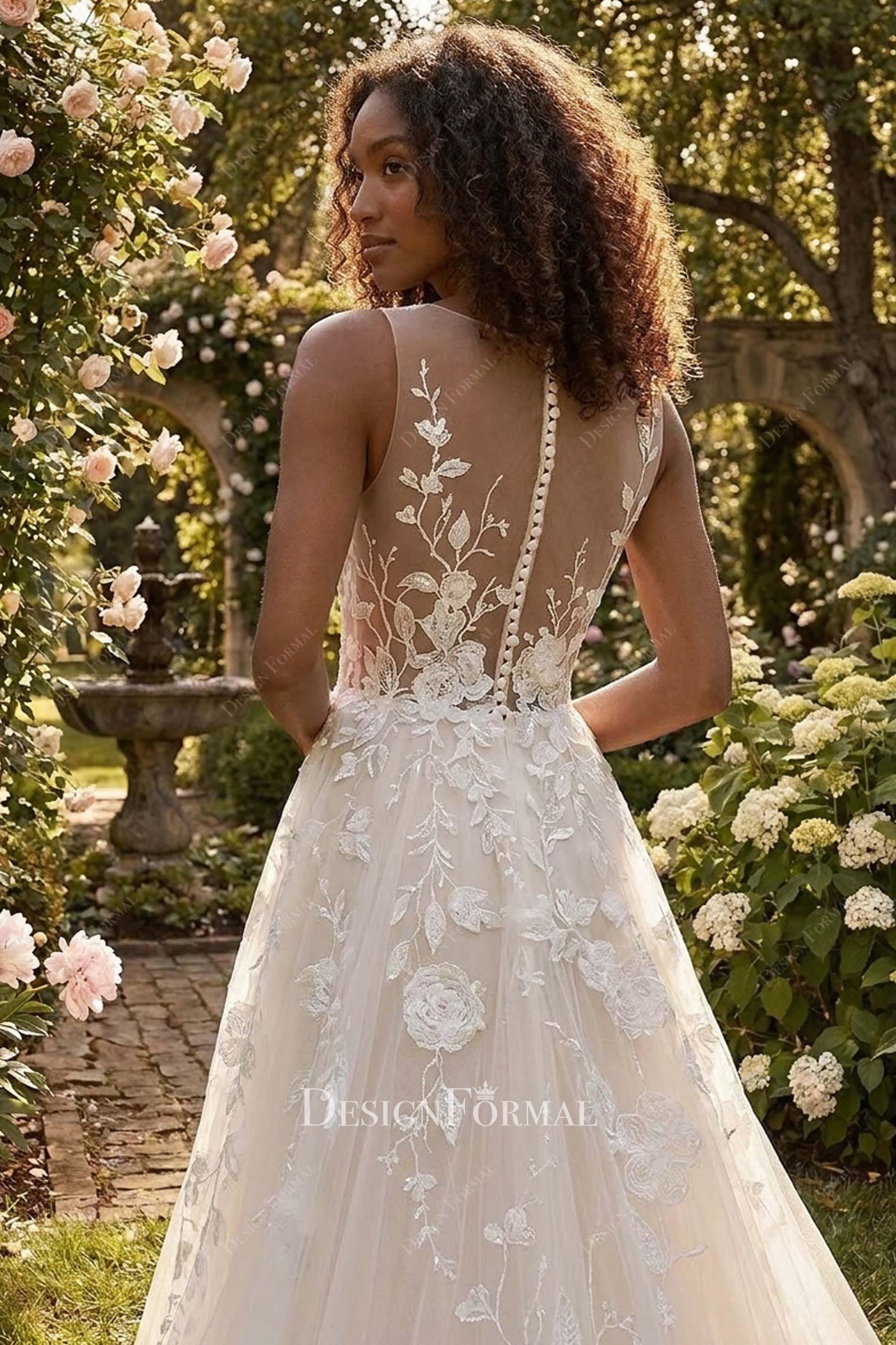 illusion buttoned back wedding dress