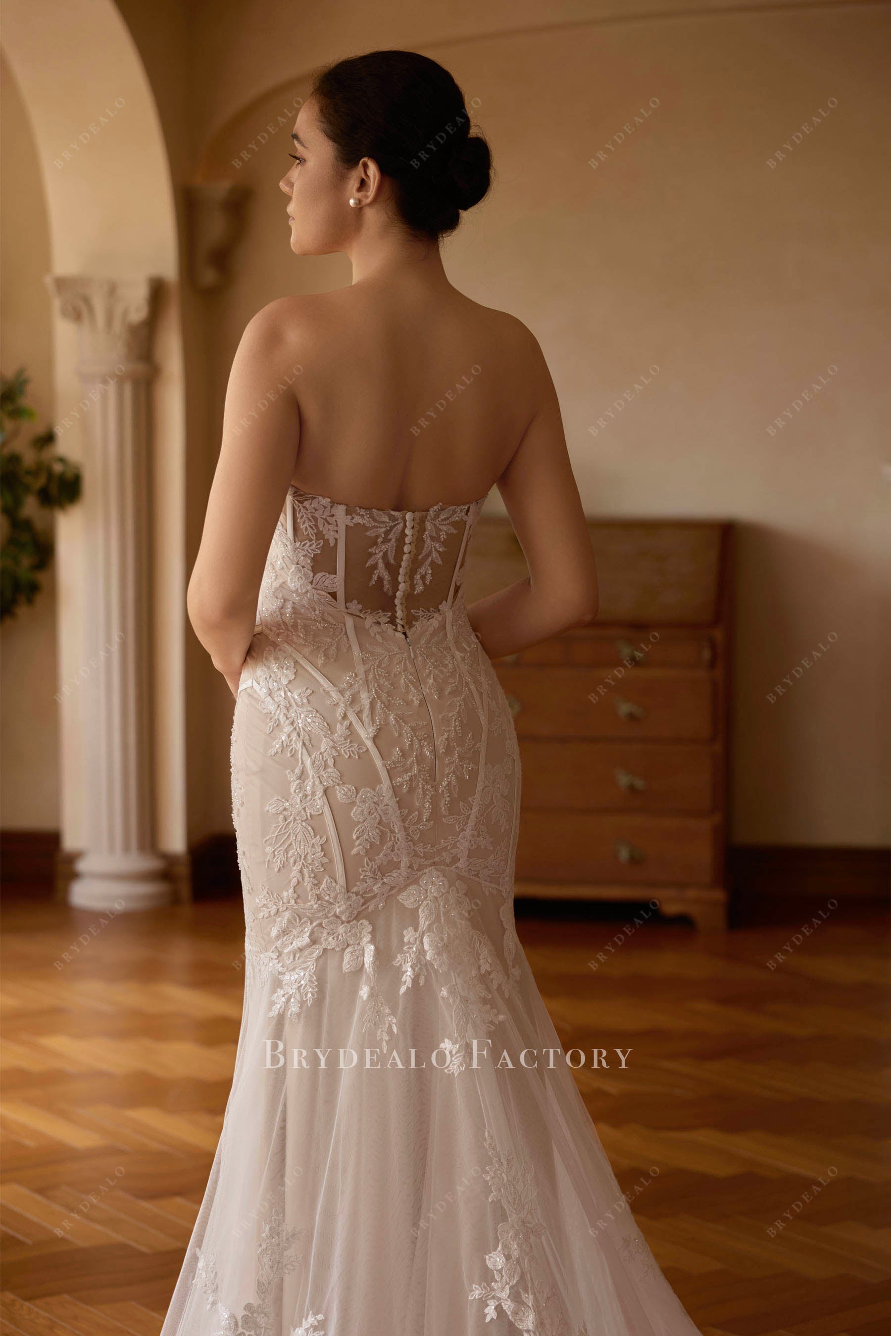 illusion buttoned back wedding dress