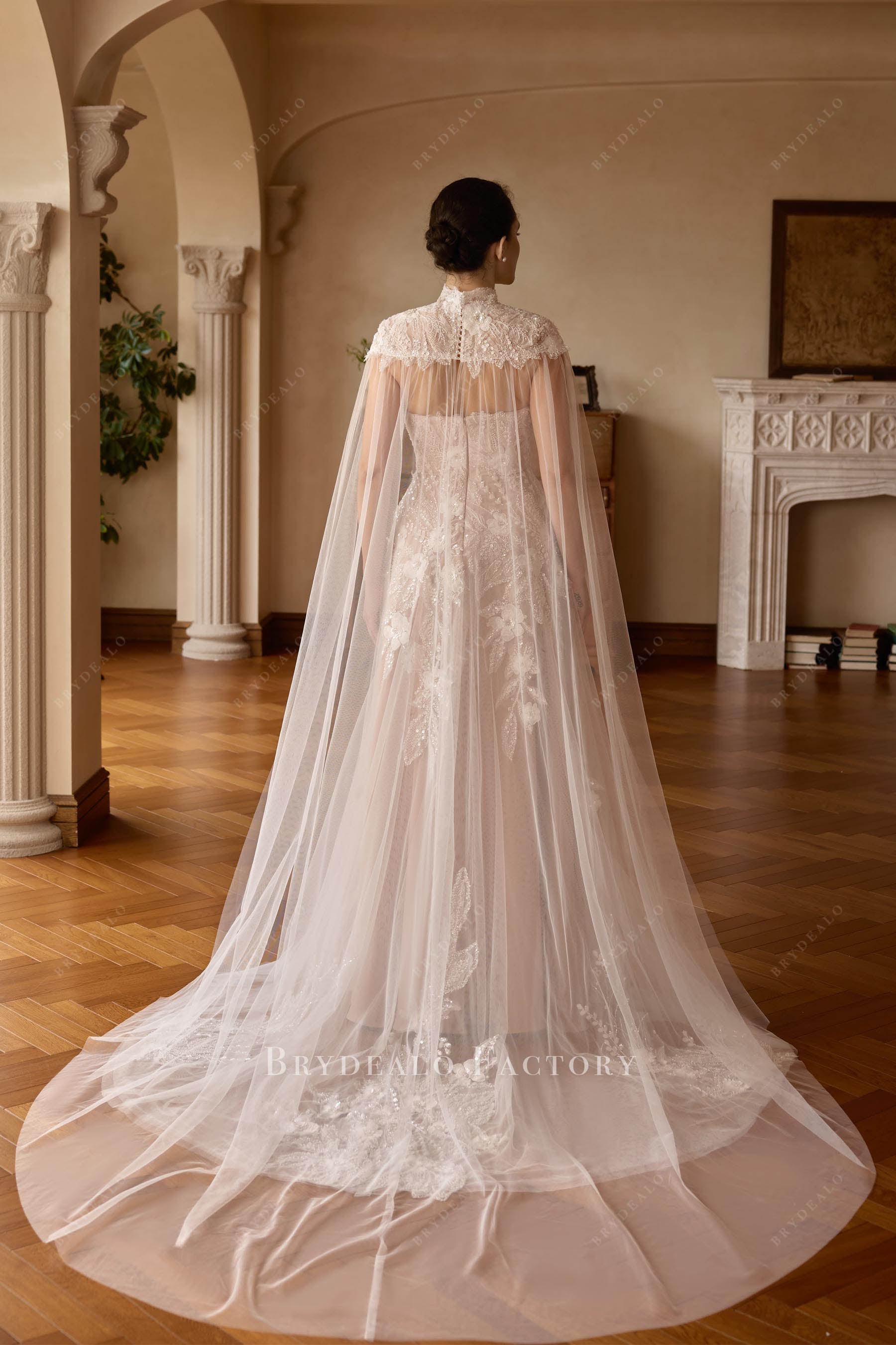 illusion cape lace wedding dress