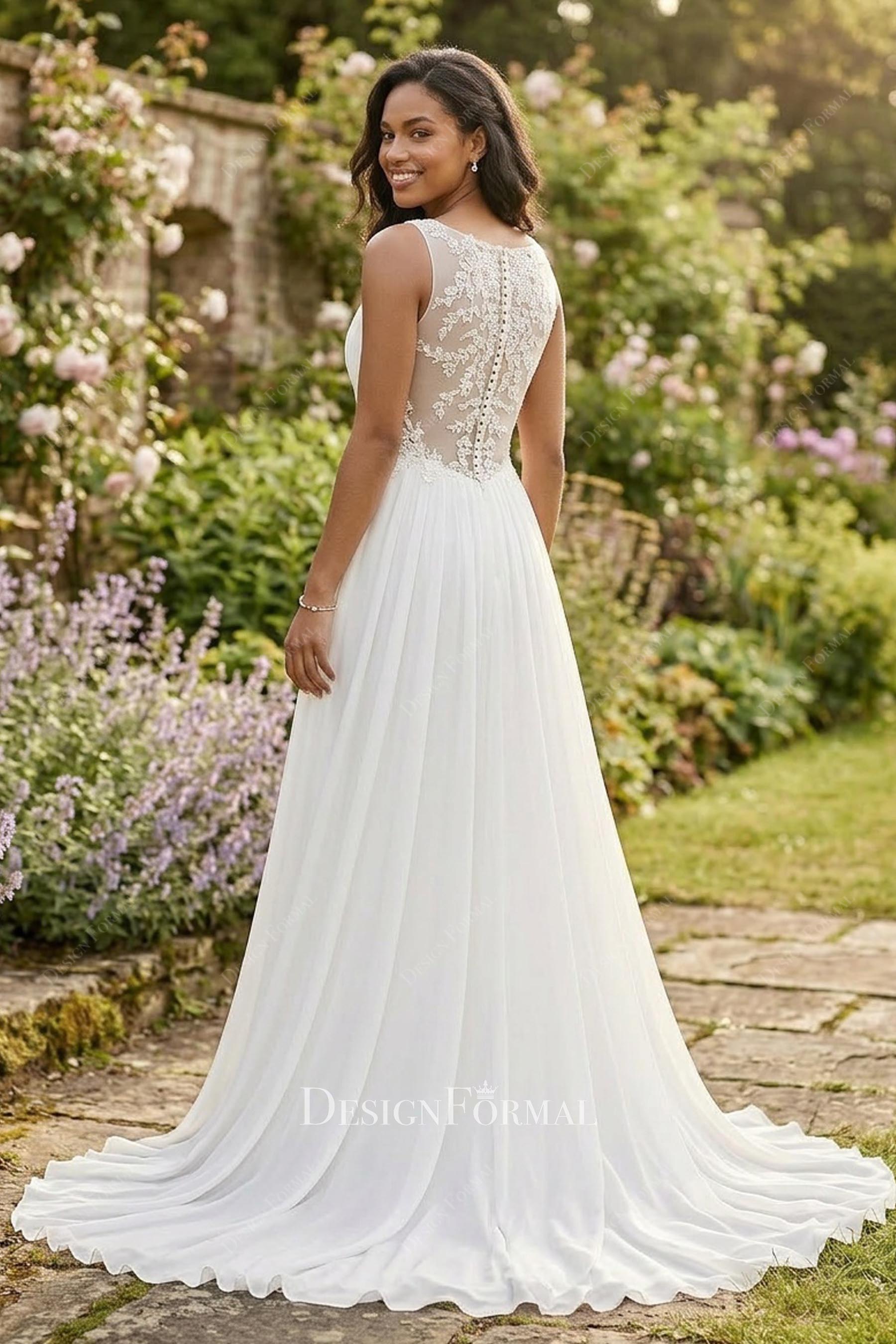 illusion lace back court train bridal dress