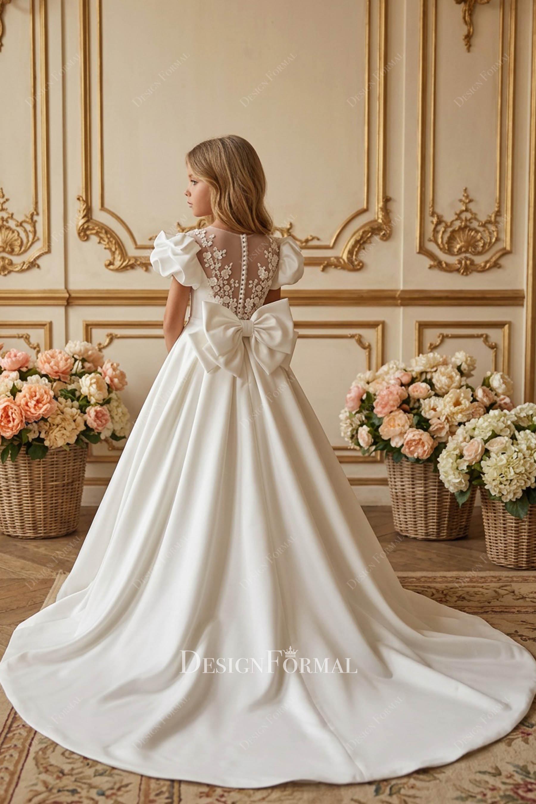 illusion lace back large knot first communion dress