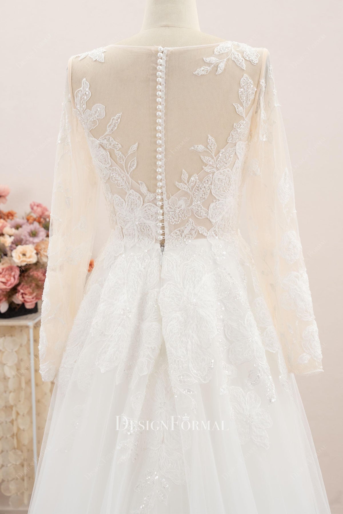 illusion lace buttoned back wedding dress