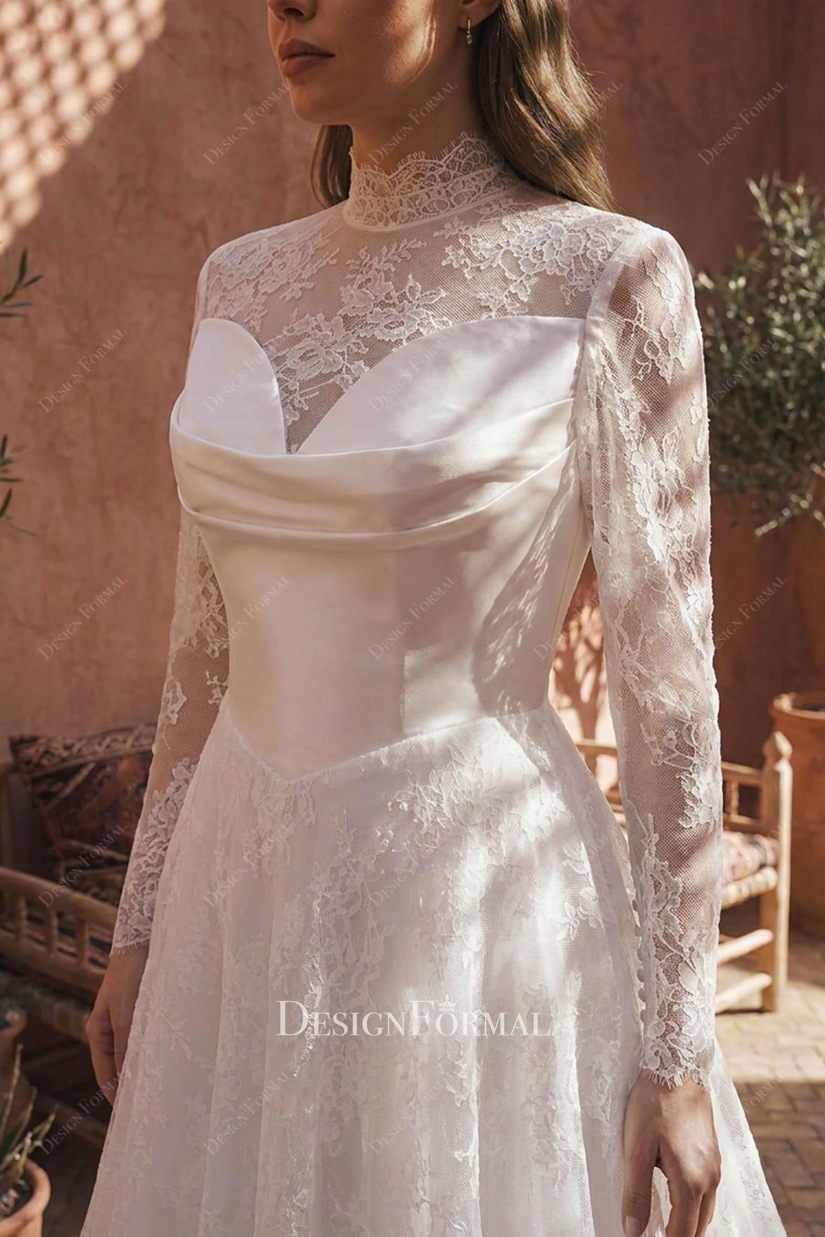 illusion lace sleeved satin wedding dress