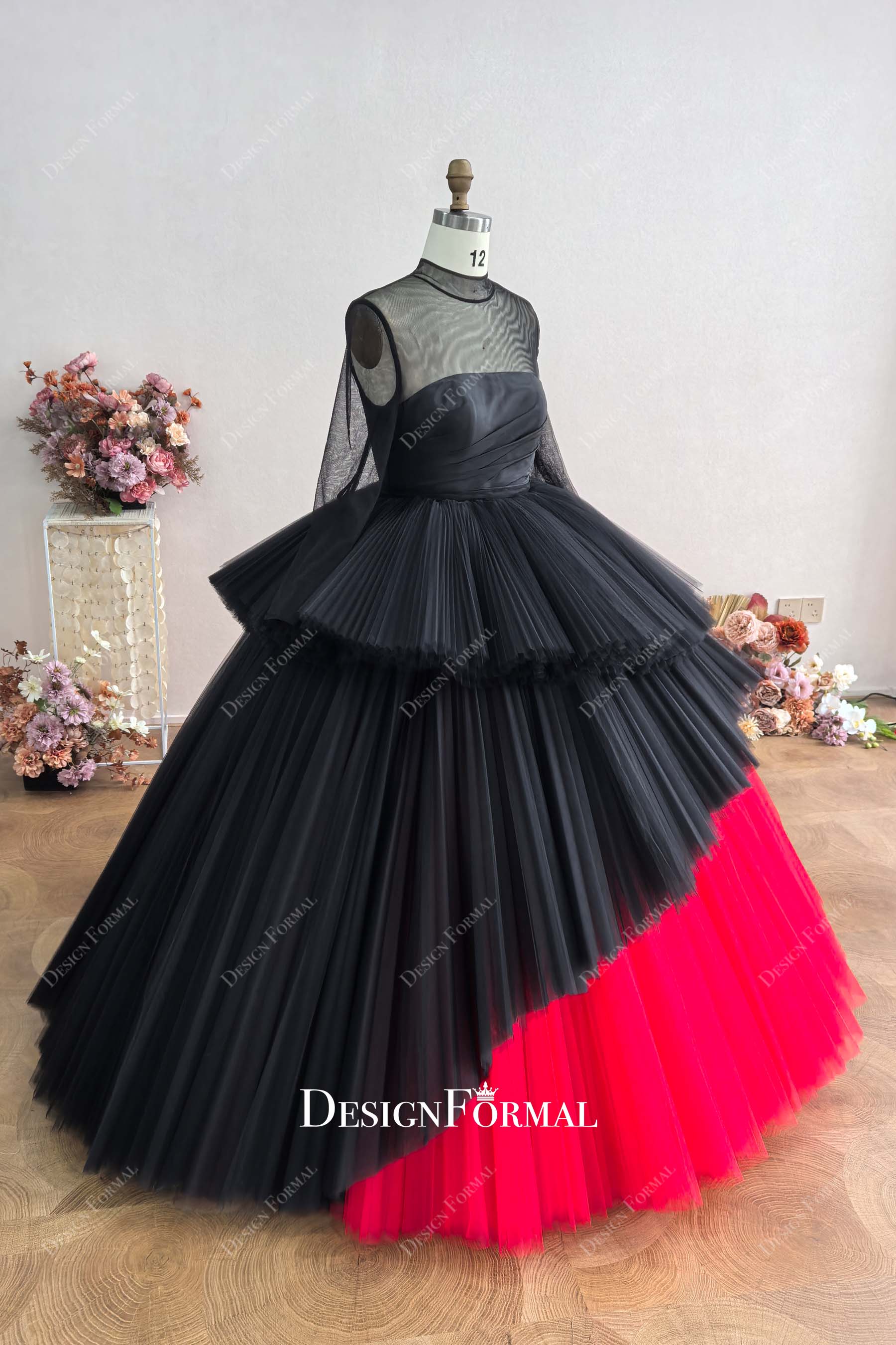 illusion neck black red gothic wedding dress