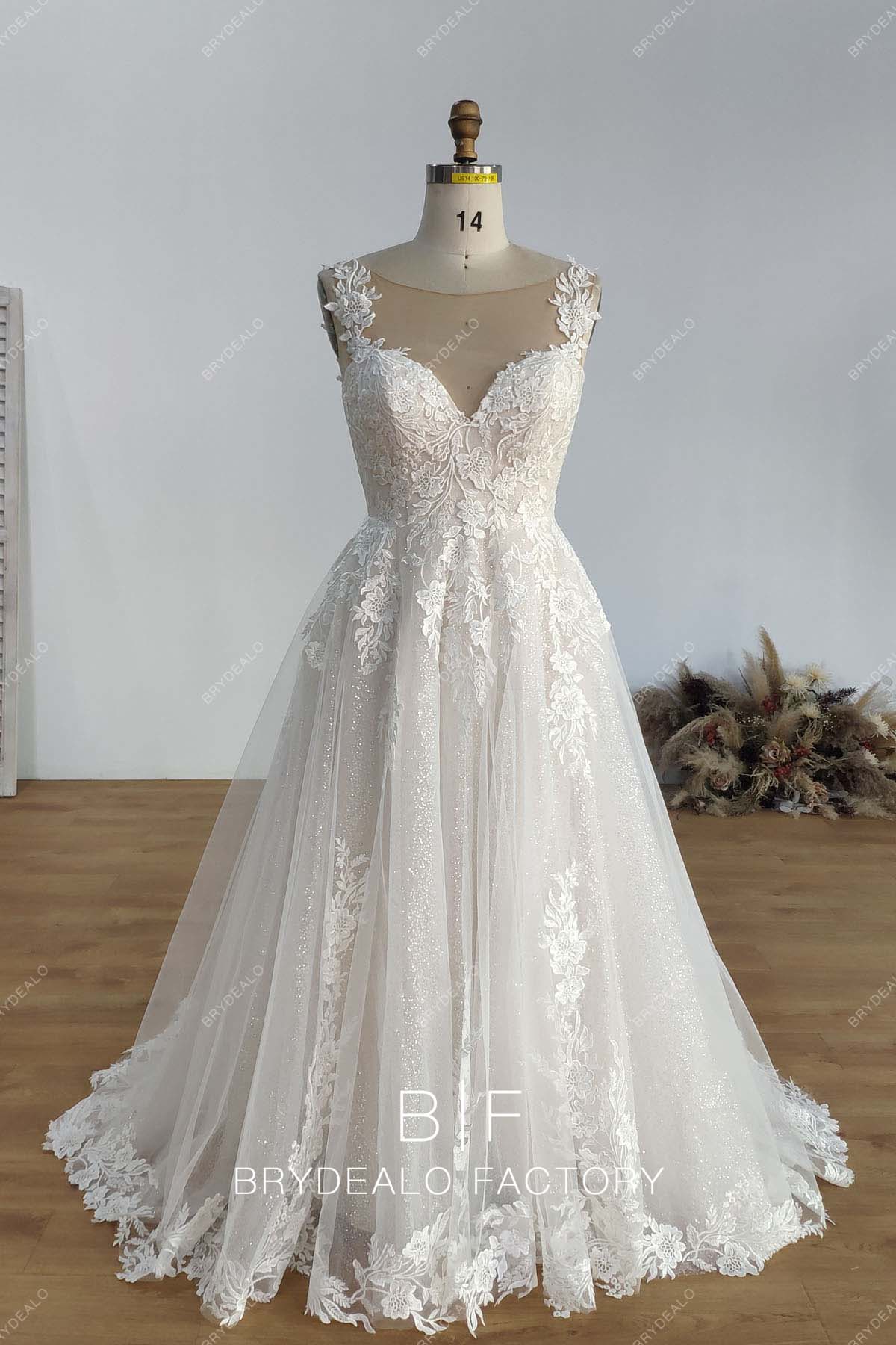 Designer Lace Glitter Ball Gown Rustic Long Custom Wedding Dress, Champagne Designer Lace Glitter Ball Gown Rustic Long Custom Wedding Dress, Champagne