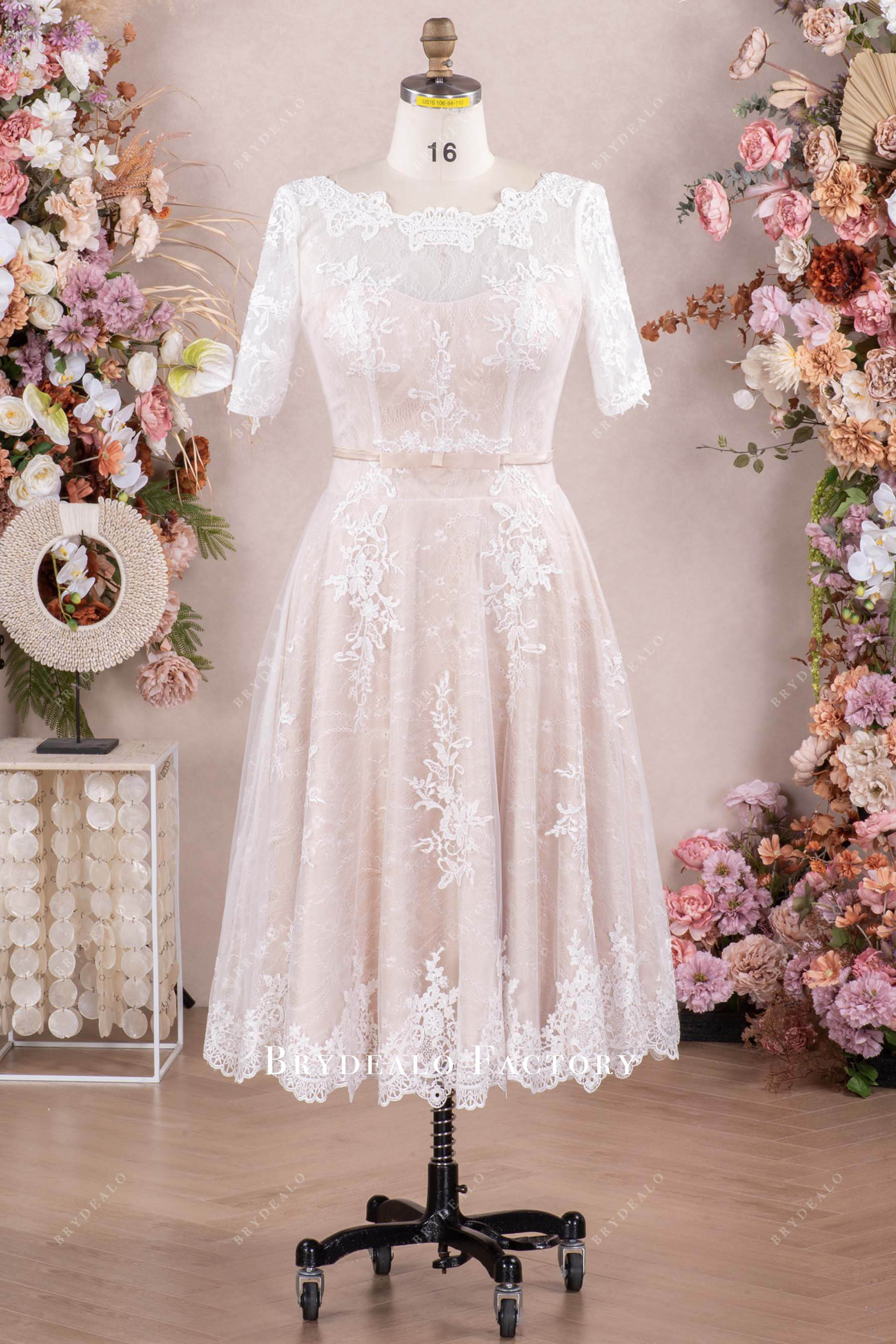 illusion neck lace tea length wedding dress