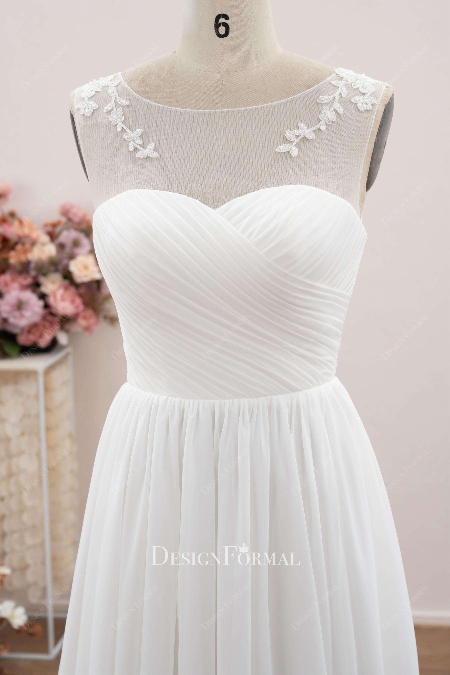 illusion neck pleated chiffon wedding dress