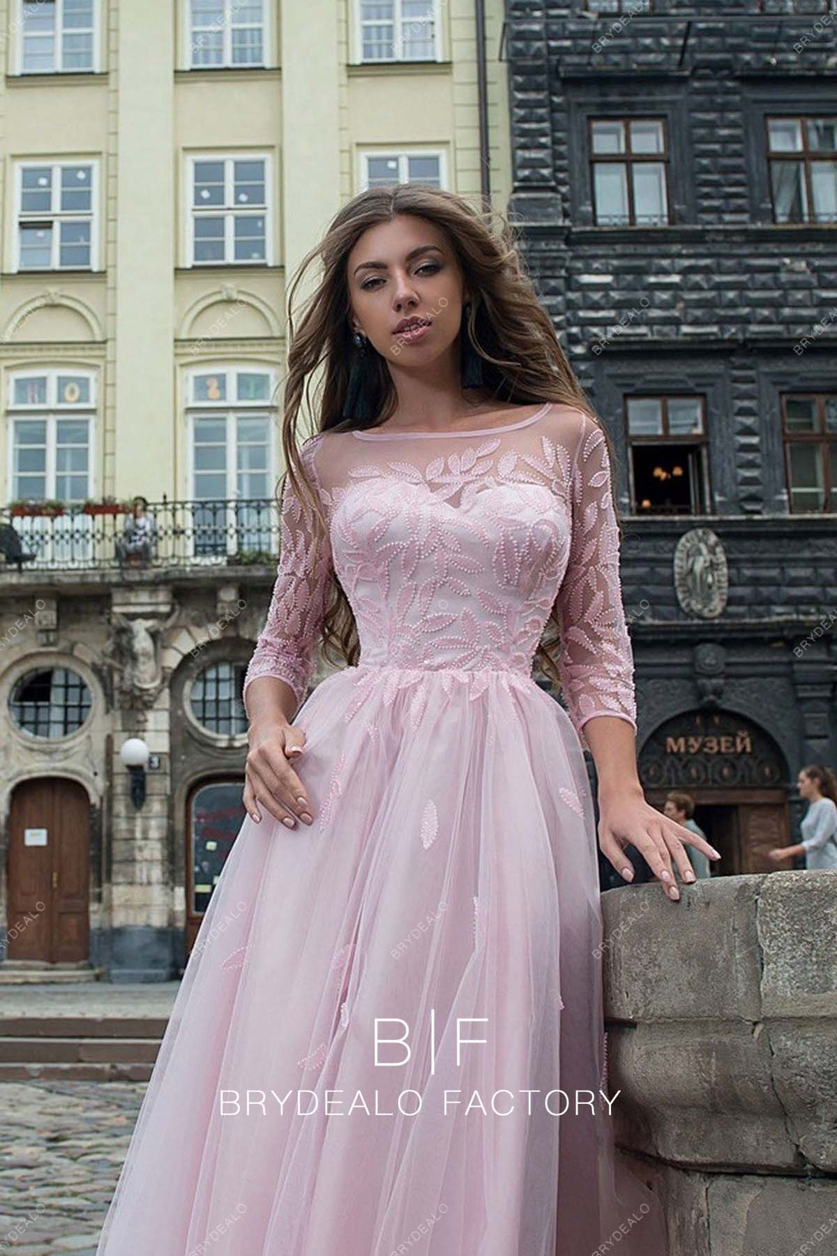 Illusion Neck Sheer Sleeves Prom Formal Dress
